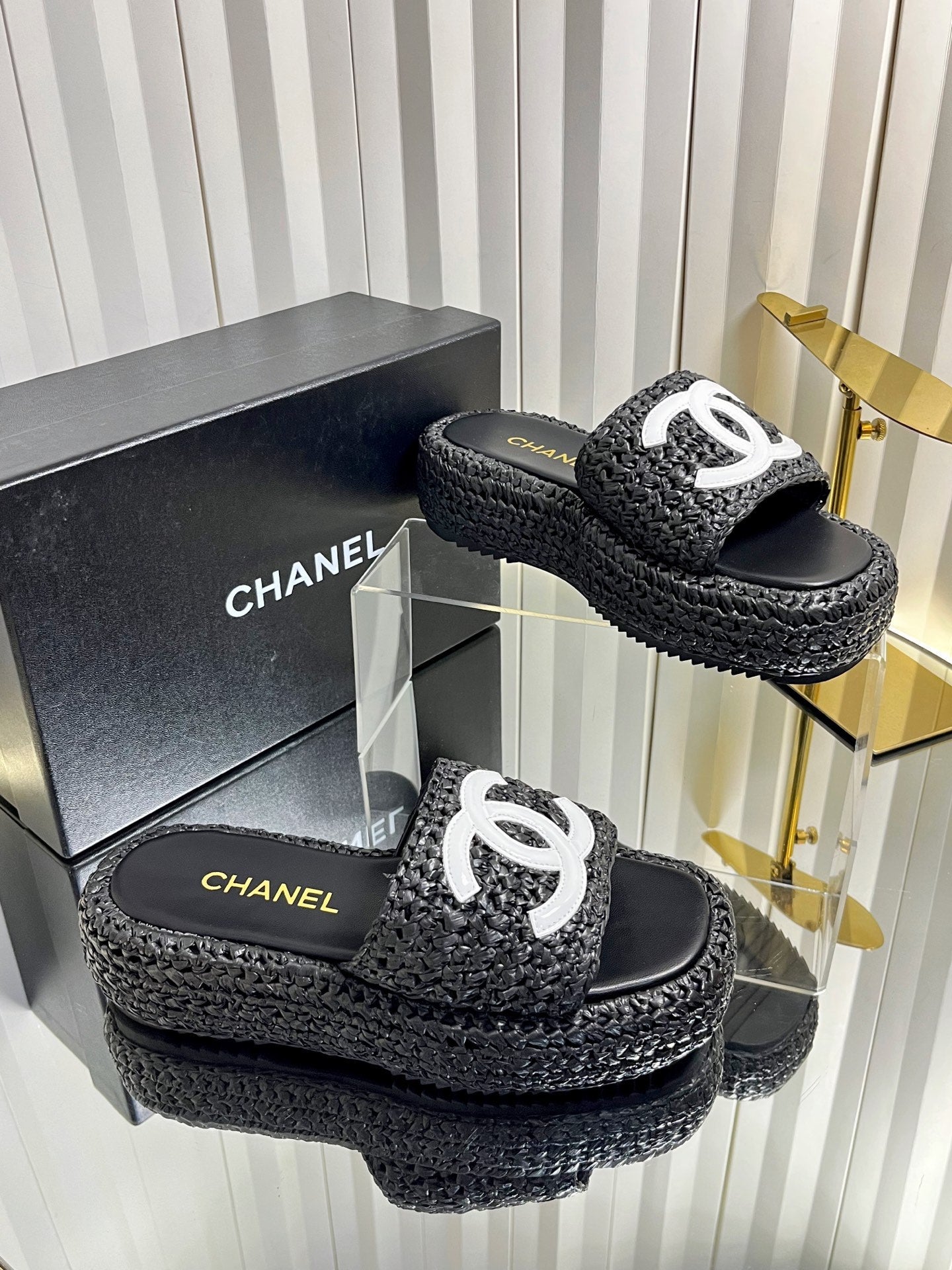 Chanel 2026 Crochet CC Platform Slide Sandals 40mm Raffia Leather