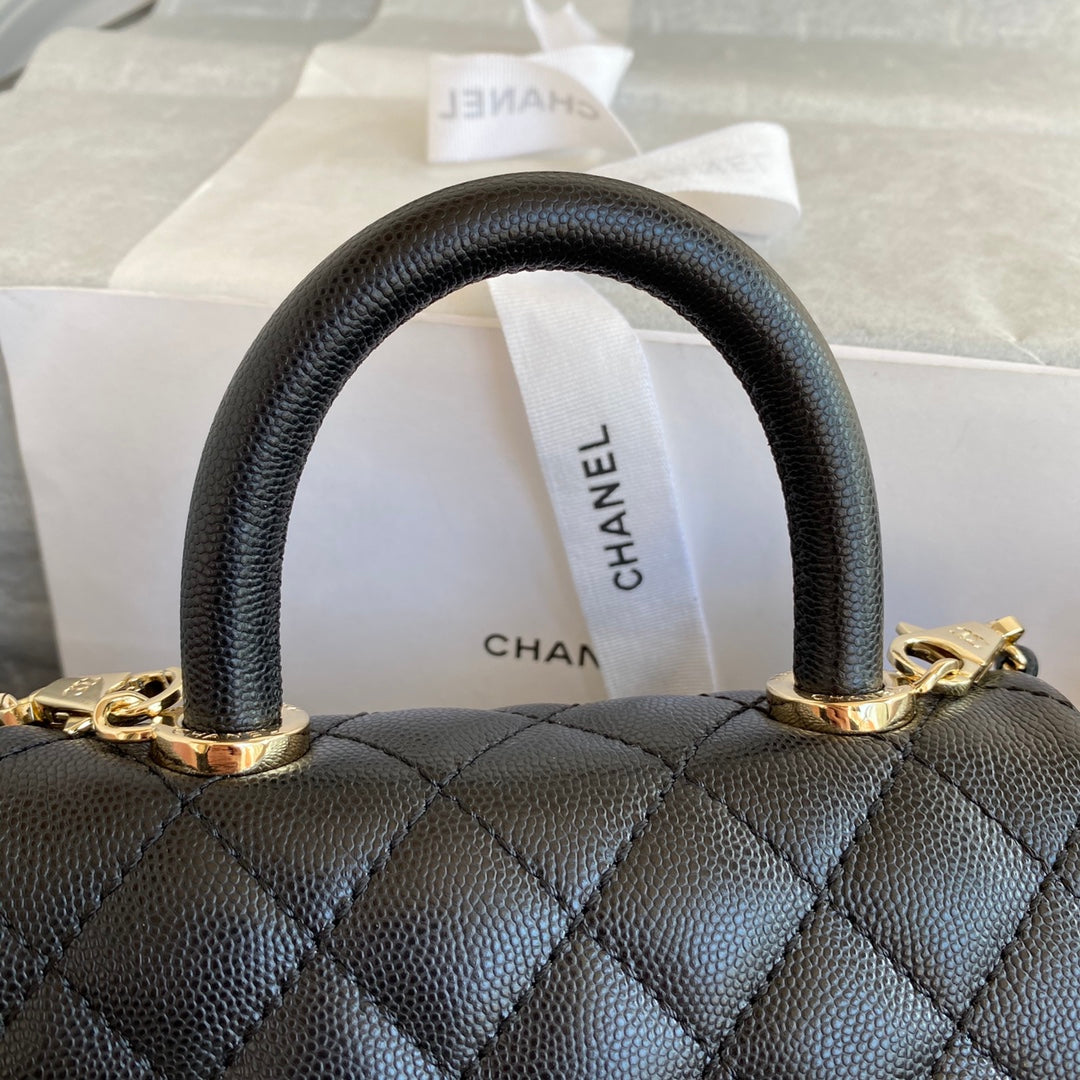 CC 24K Coco Hanle Mini 19cm Black Grained Calfskin Gold Hardware