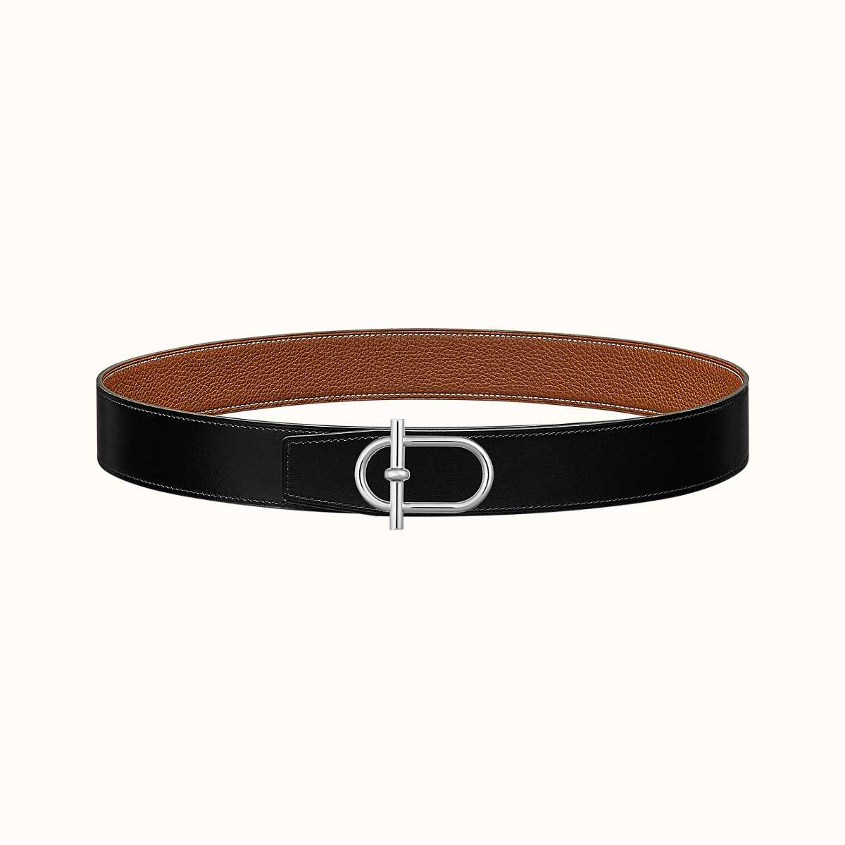 HM ITHAQUE BELT SILVER BUCKLE & REVERSIBLE CINNAMON BROWN AND BLACK LEATHER STRAP 38MM