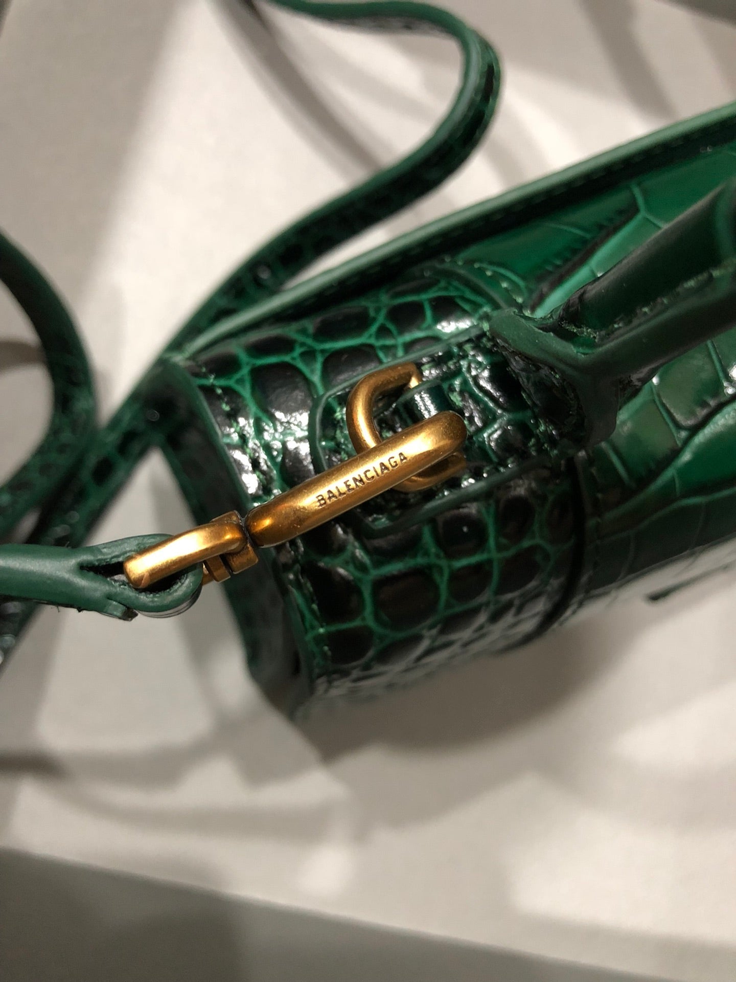 Balenciaga Hourglass Crocodile Embossed Bag Dark Green Leather