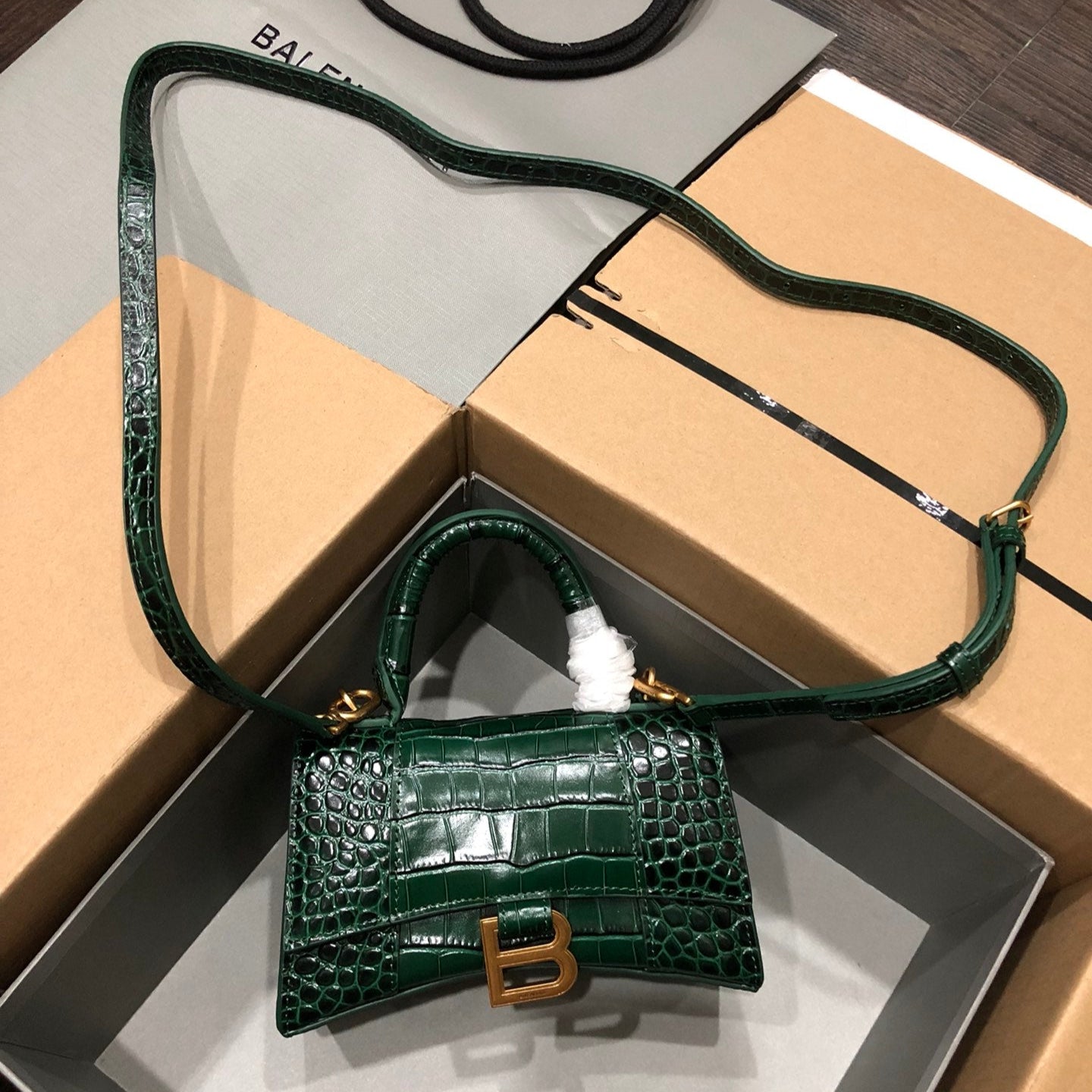 Balenciaga Hourglass Crocodile Embossed Bag Dark Green Leather