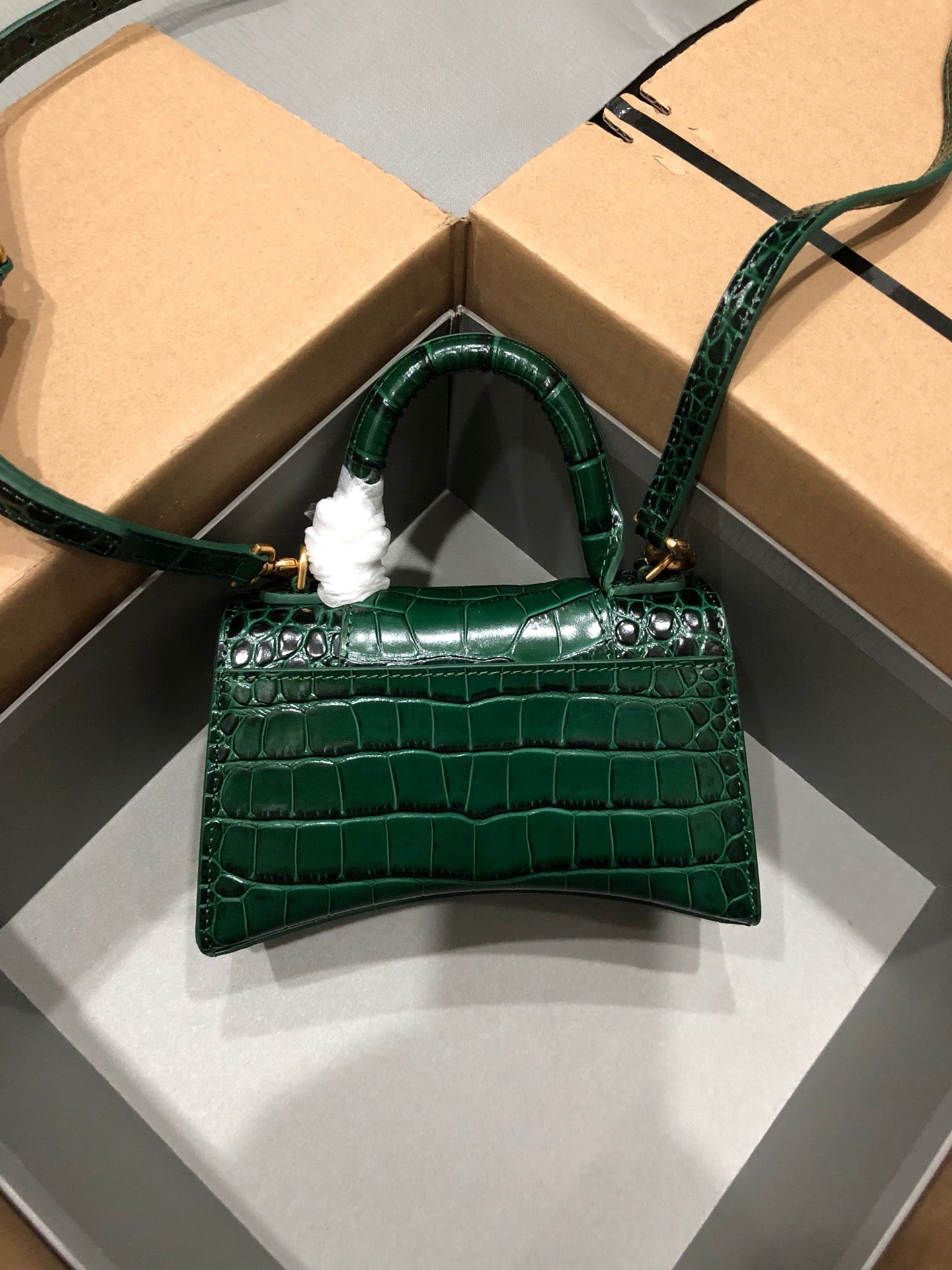 Balenciaga Hourglass Crocodile Embossed Bag Dark Green Leather
