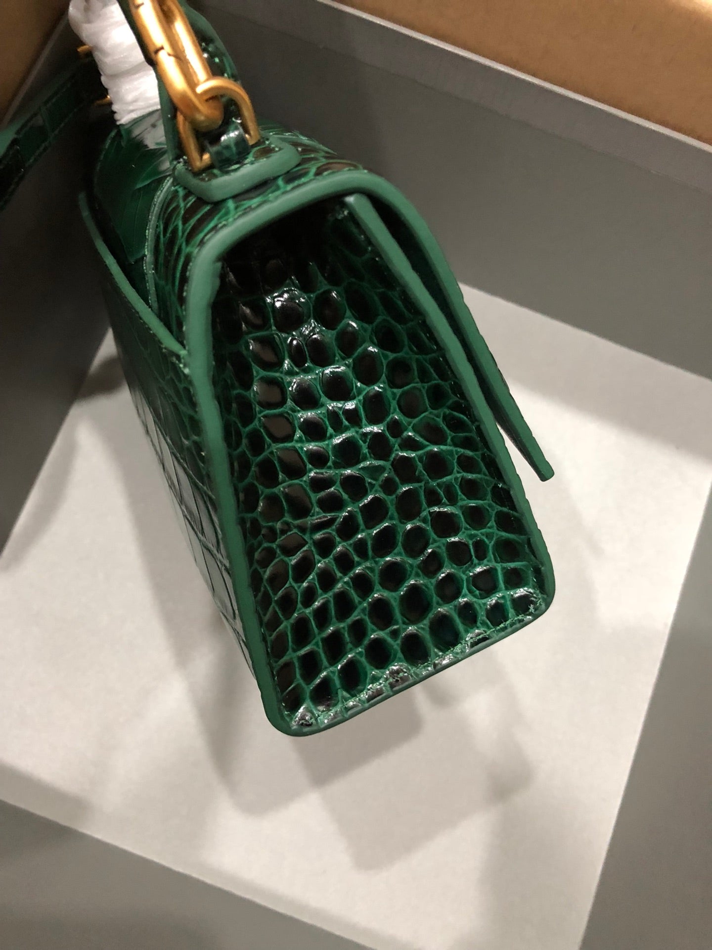 Balenciaga Hourglass Crocodile Embossed Bag Dark Green Leather