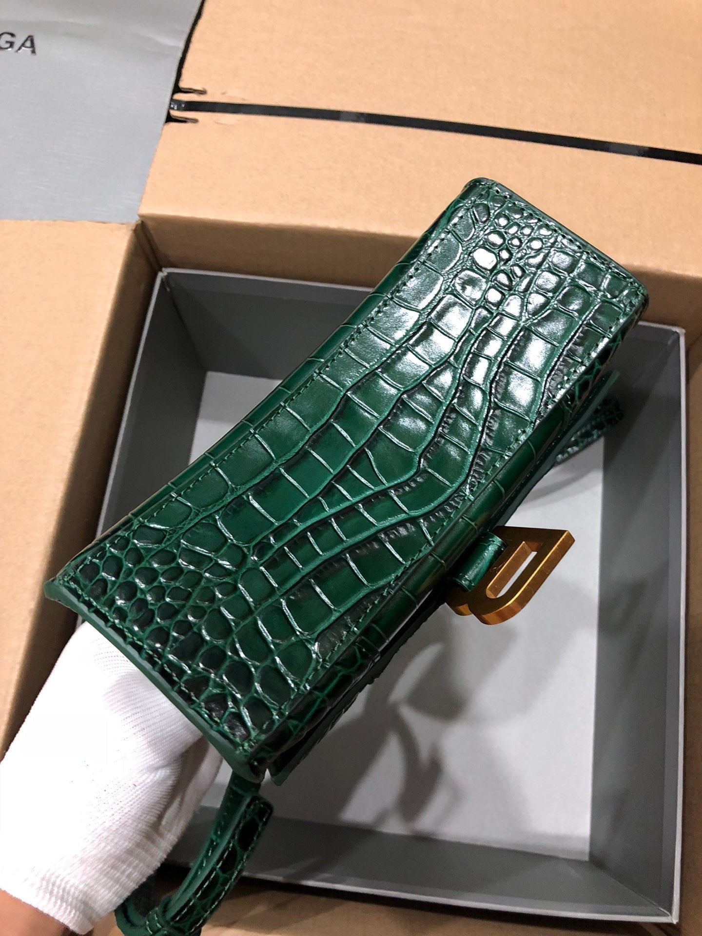 Balenciaga Hourglass Crocodile Embossed Bag Dark Green Leather