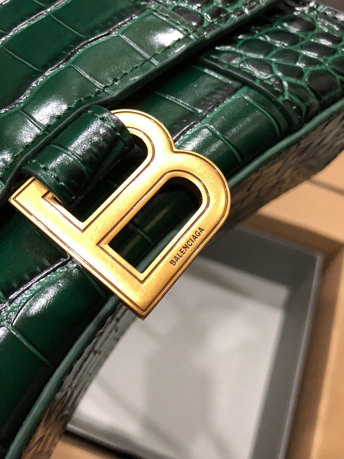 Balenciaga Hourglass Crocodile Embossed Bag Dark Green Leather