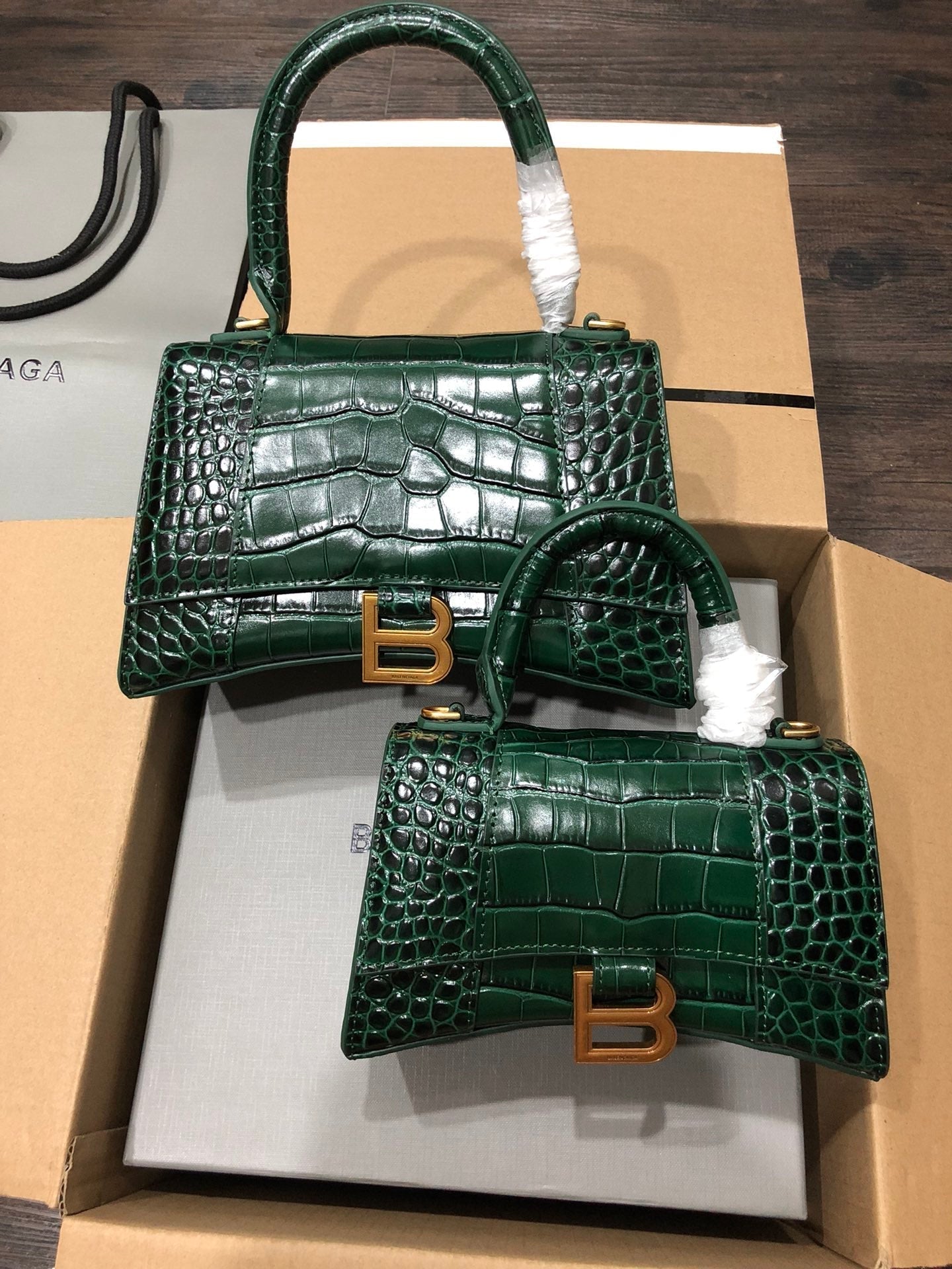 Balenciaga Hourglass Crocodile Embossed Bag Dark Green Leather