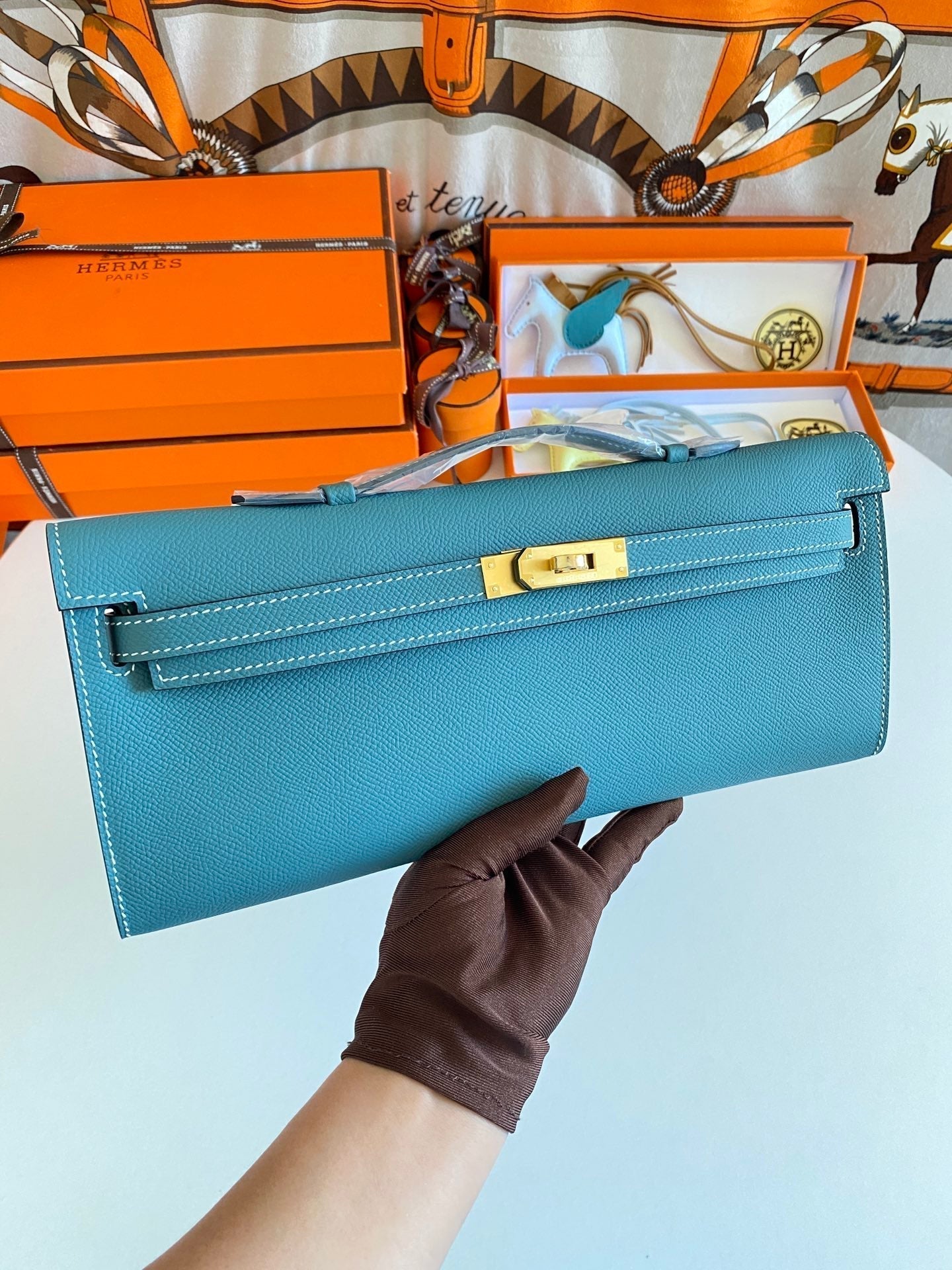 HM Kelly Cut 31 Teal Blue Epsom Leather Gold Hardware 229062