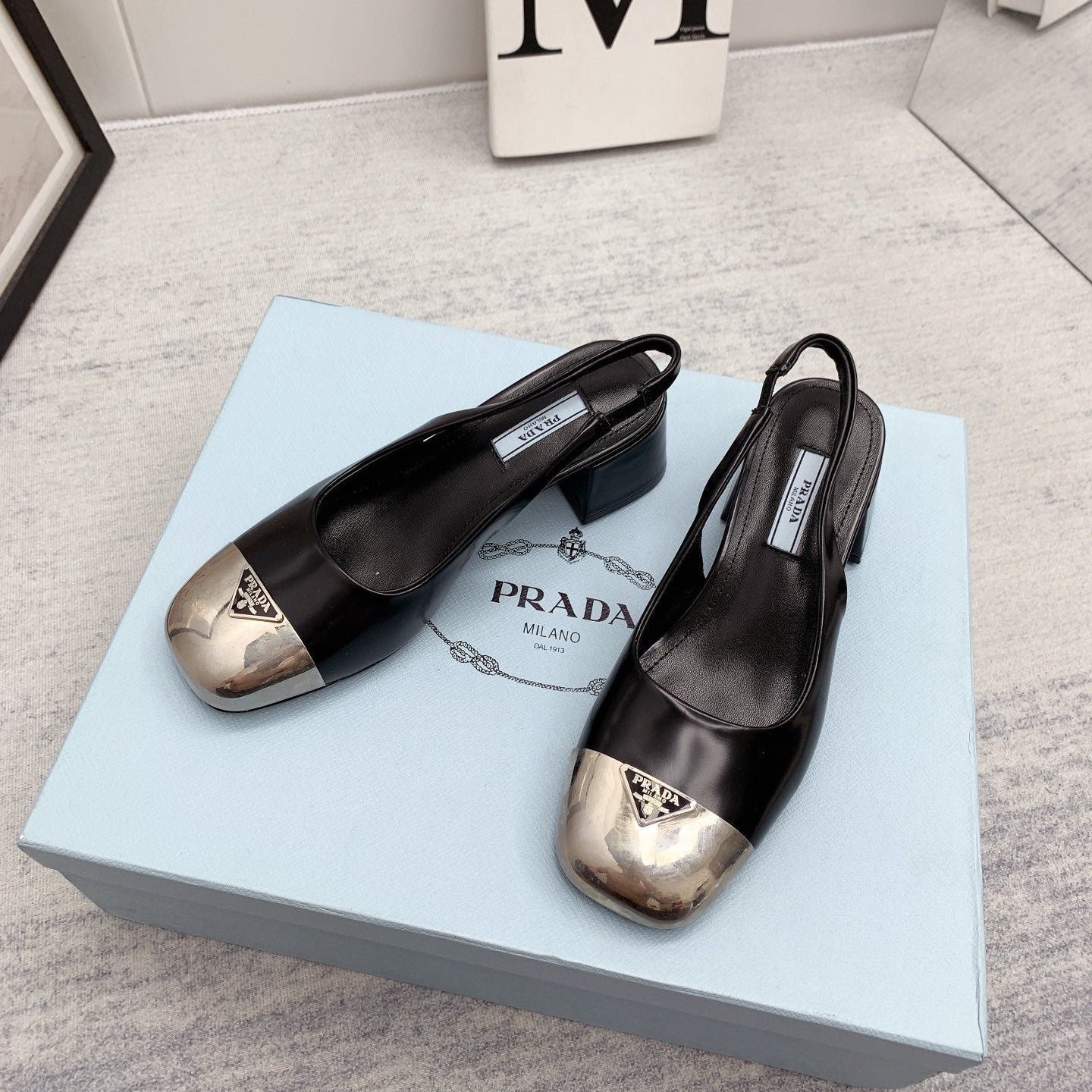 Prada 2026 Mary Jane Sandals 55 Black Metallic Silver Sheepskin 731165