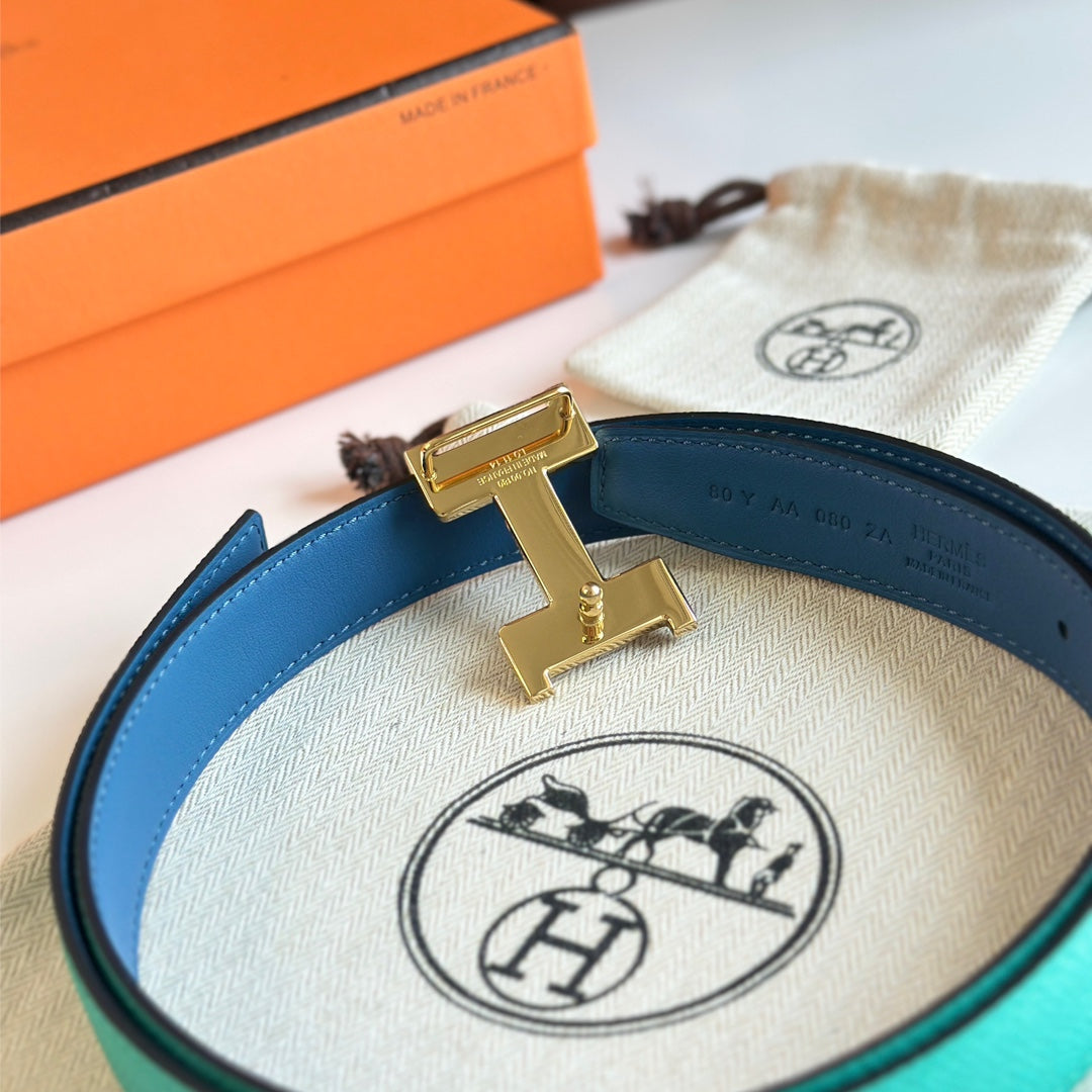 HM Gold Constance & Reverible Belt Blue Green Leather 125374