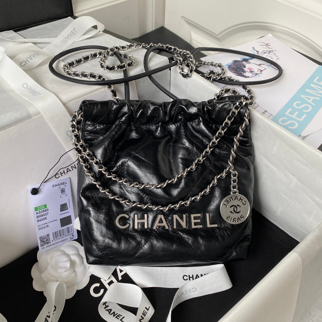 CC 24S Hobo 22 Bag 20cm Black Aged Lambskin