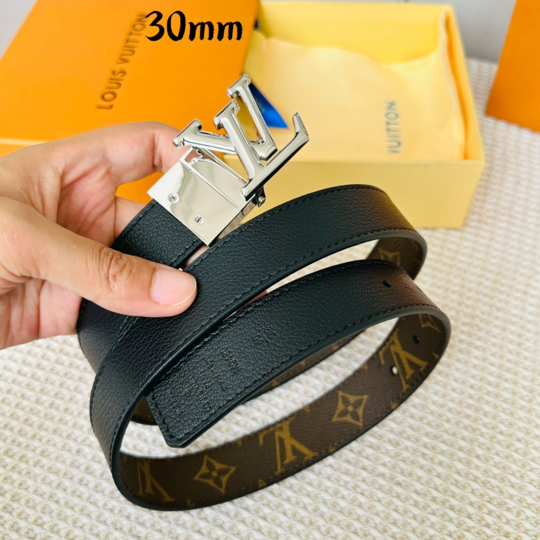 LV Initiales Reversible Belt Silver Rotating Buckle Black Brown Leather