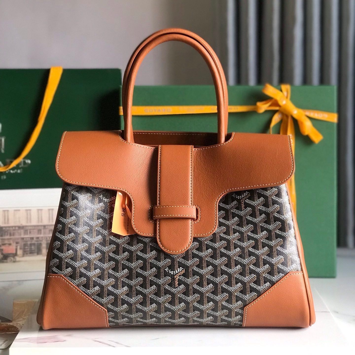SAIGON SOUPLE BAG 34 IN BROWN GOYARDINE CANVAS AND CALFSKIN