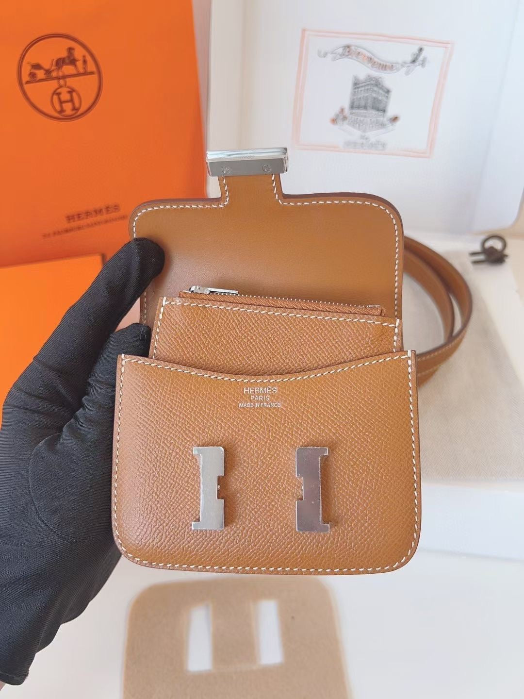 hm kelly belt 18mm with constance slim brown epsom silver hardware