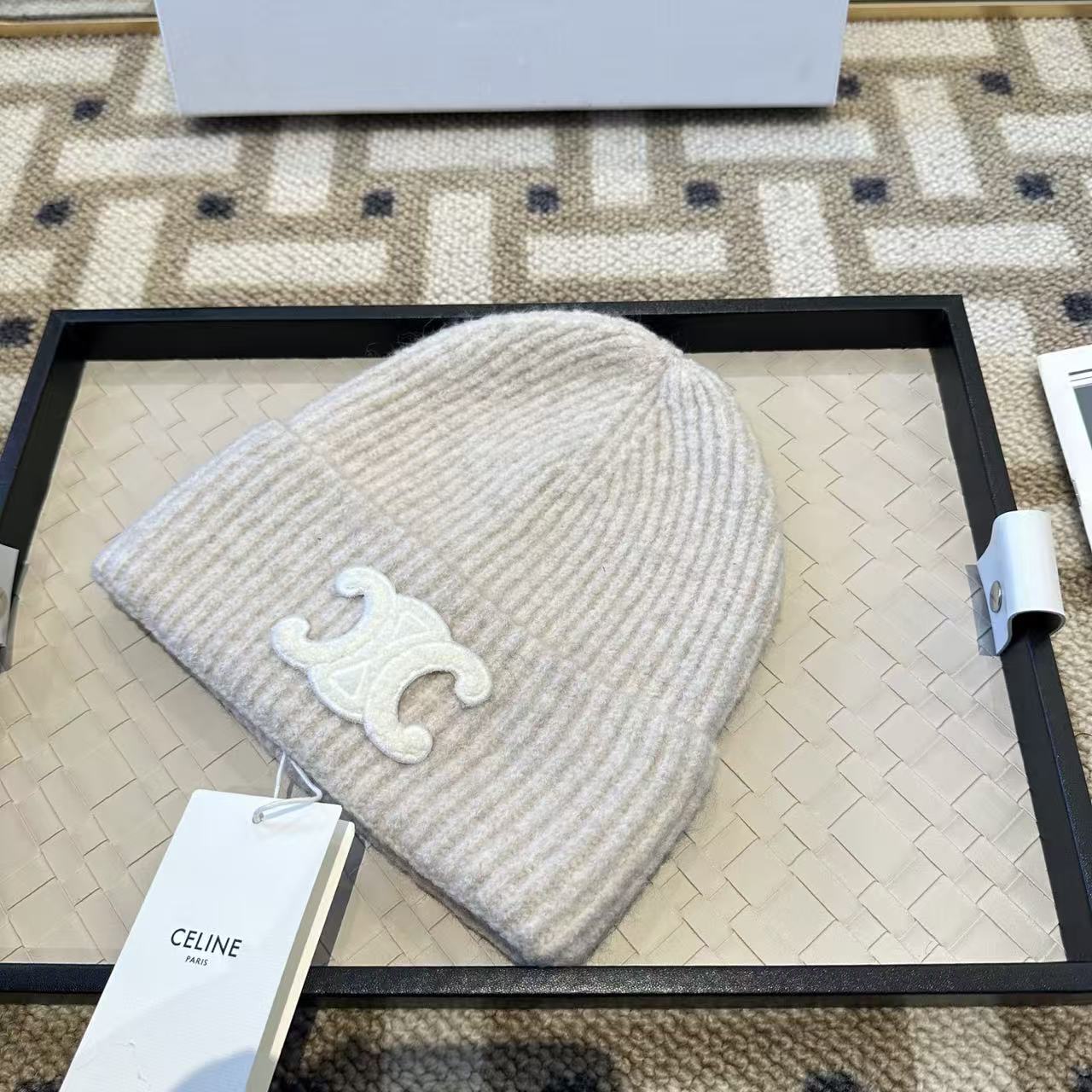 Celine Embroidered Triomphe Hat Beige mix White Wool Cashmere