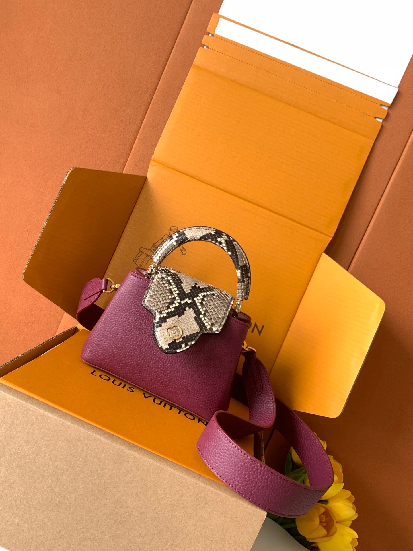 LV 2026 Burgundy Taurillon Leather And Python Mini Capucines Bag