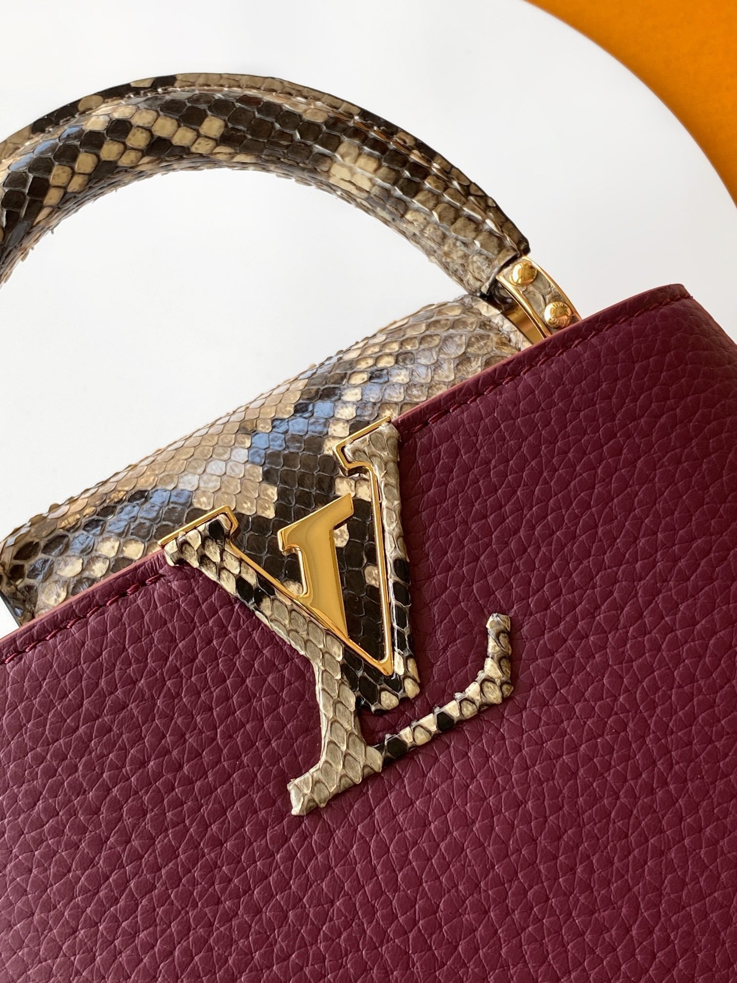 LV 2026 Burgundy Taurillon Leather And Python Mini Capucines Bag