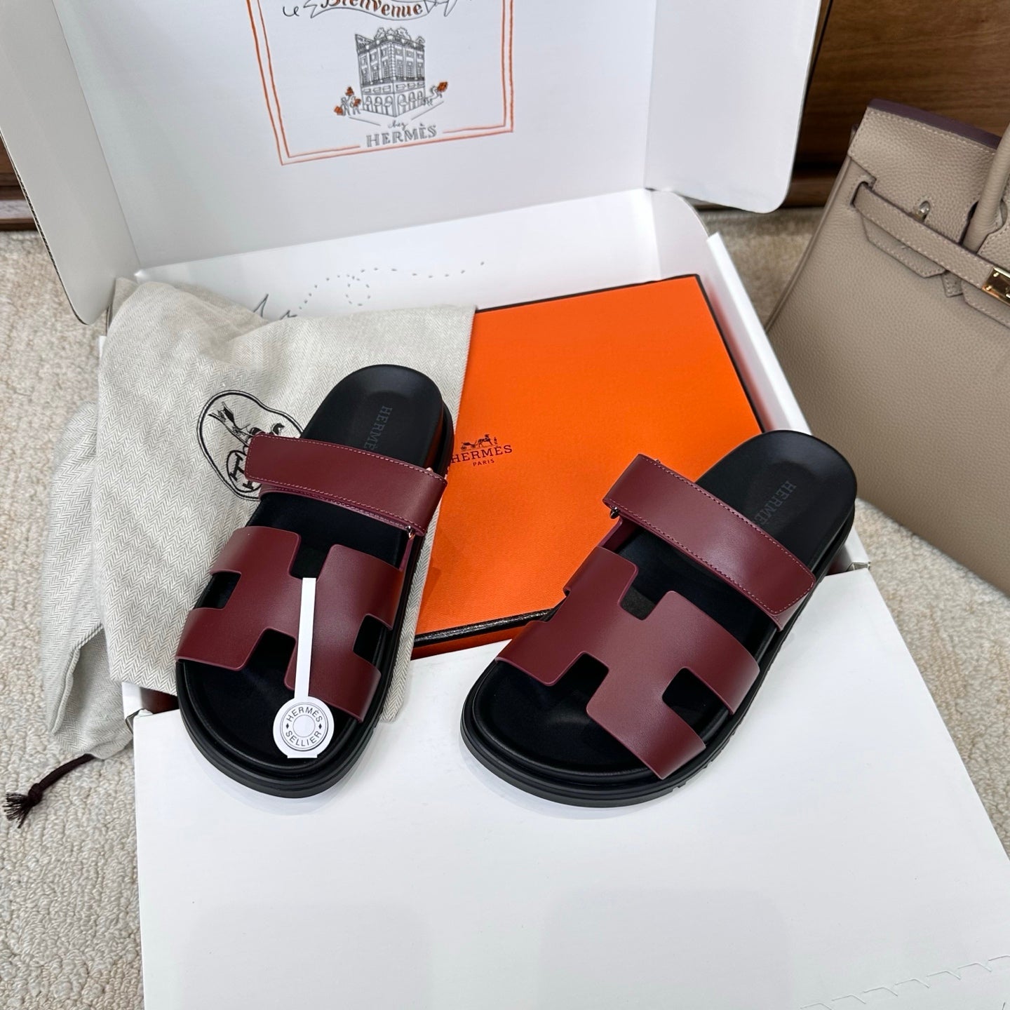 Hermes 2026 Chypre Sandal Burgundy mix Black Calfskin 862404
