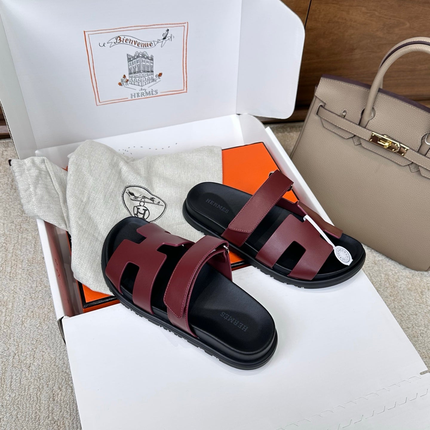 Hermes 2026 Chypre Sandal Burgundy mix Black Calfskin 862404