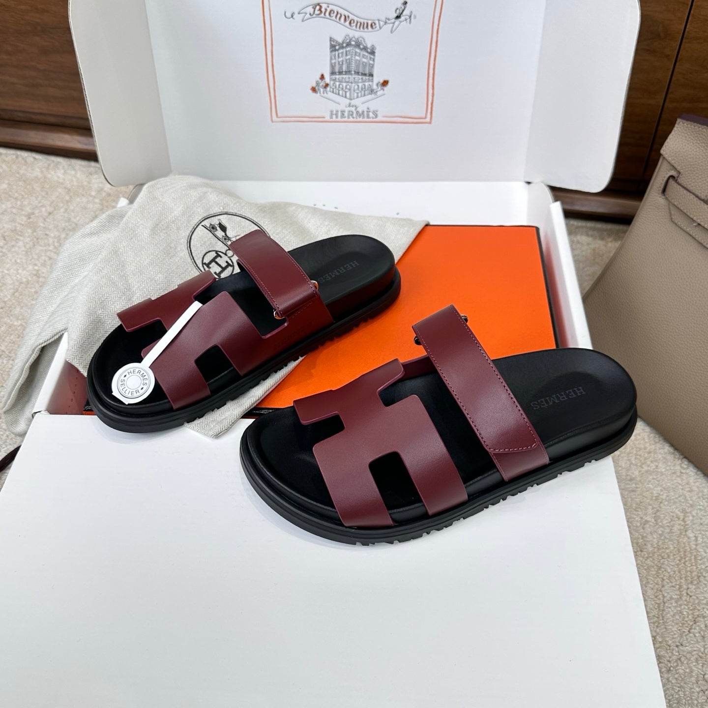 Hermes 2026 Chypre Sandal Burgundy mix Black Calfskin 862404