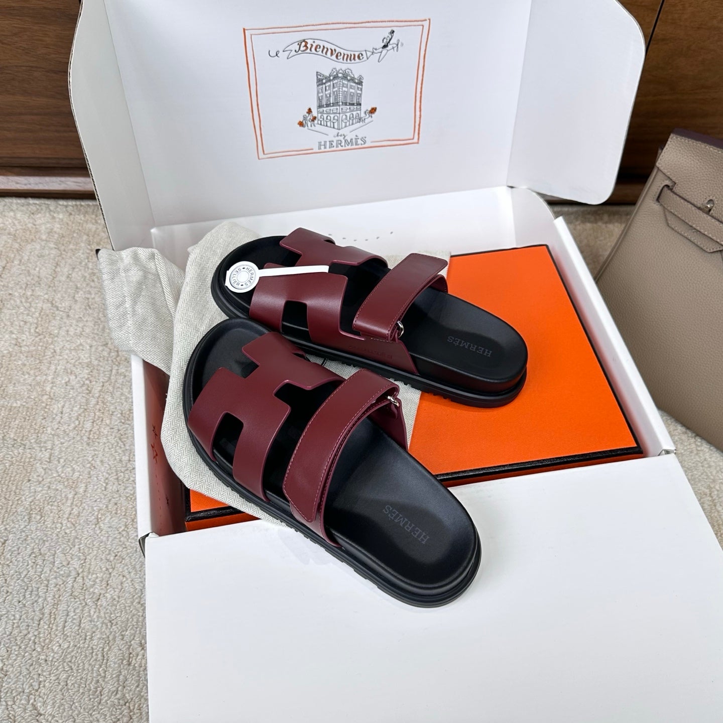 Hermes 2026 Chypre Sandal Burgundy mix Black Calfskin 862404