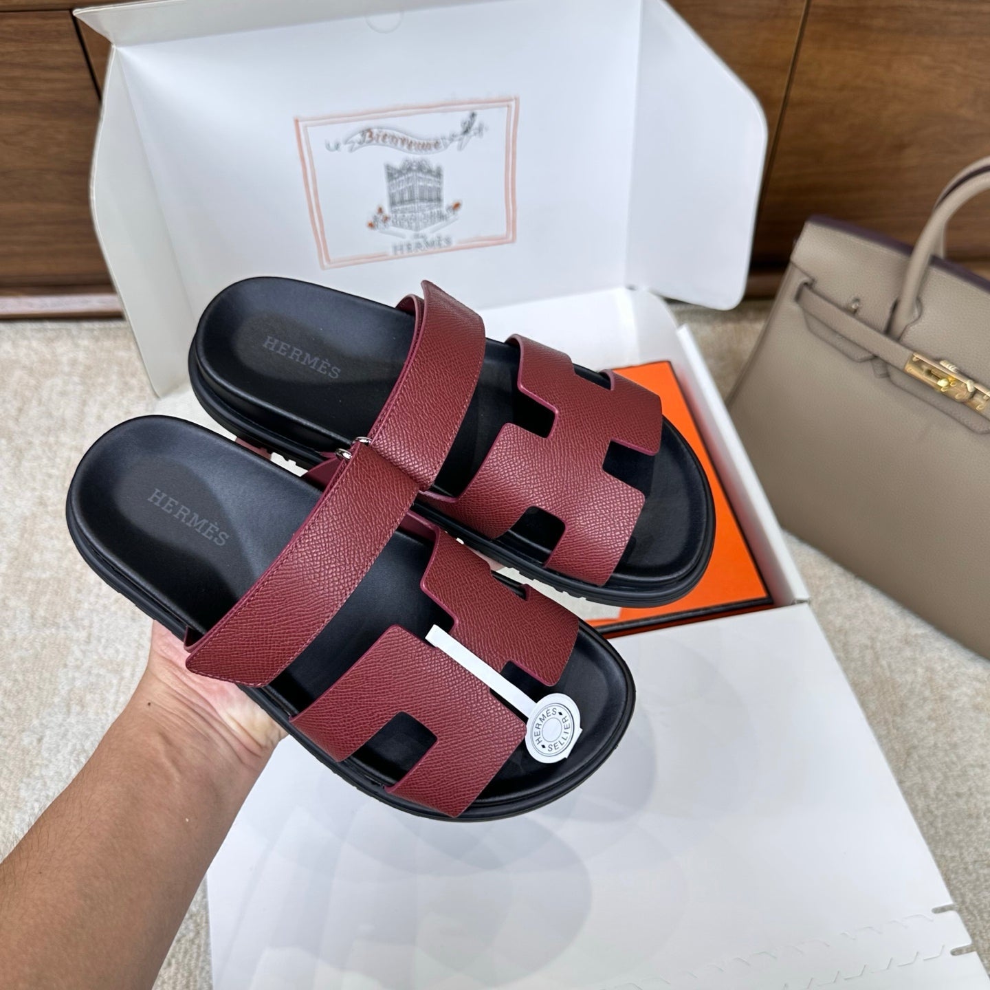 Hermes 2026 Chypre Sandal Burgundy mix Black Calfskin 862404