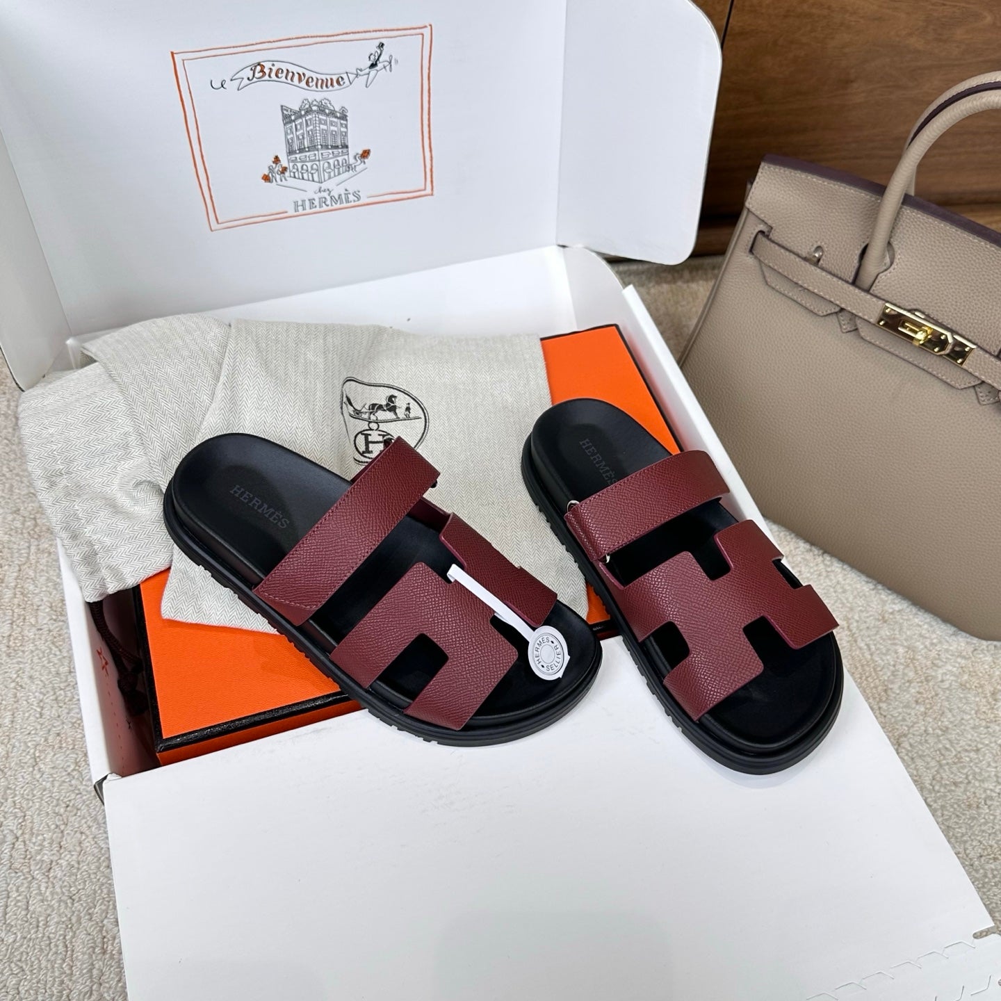 Hermes 2026 Chypre Sandal Burgundy mix Black Calfskin 862404