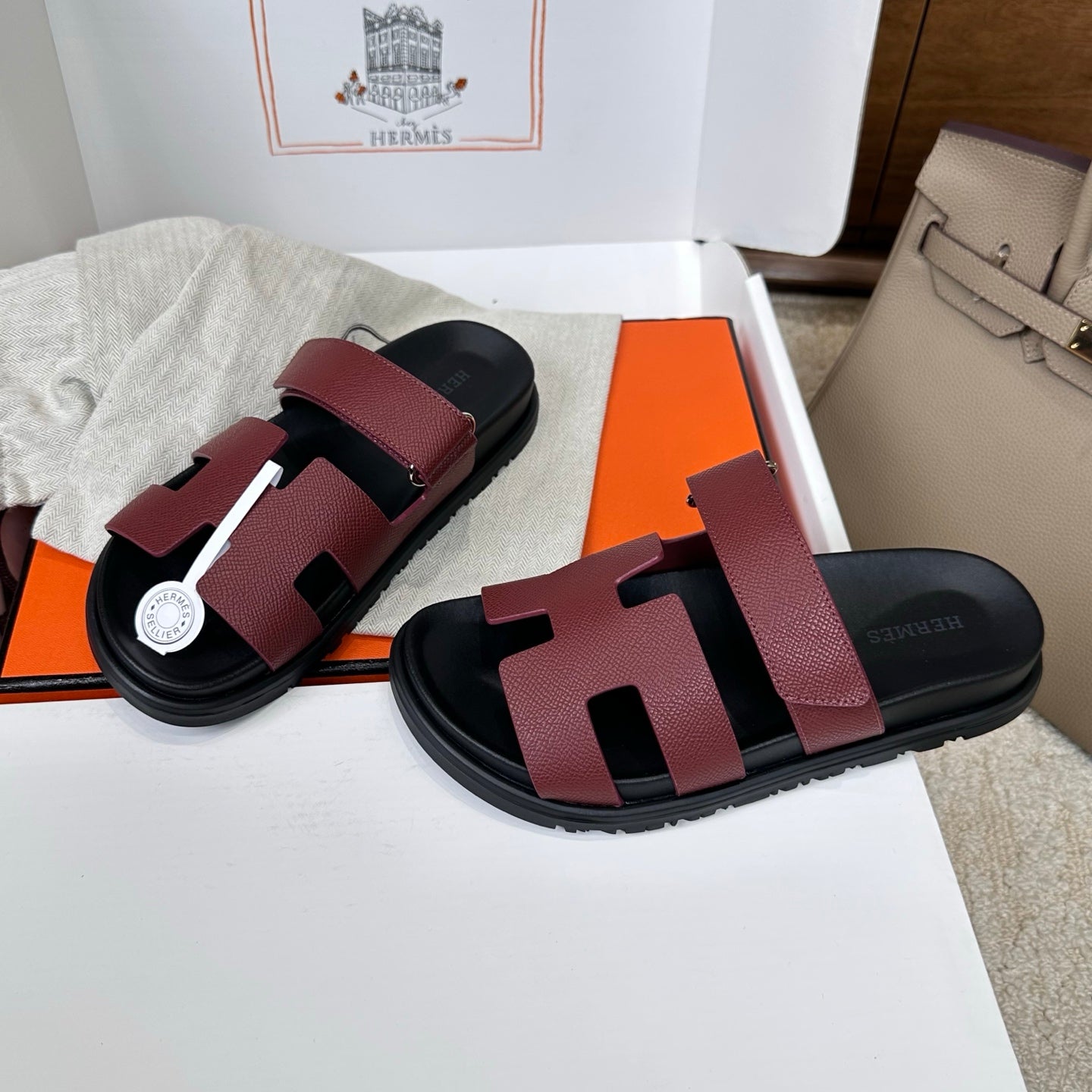 Hermes 2026 Chypre Sandal Burgundy mix Black Calfskin 862404