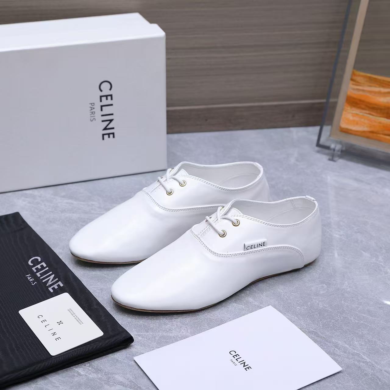 Celine 2026 Ballet Lace-Up Shoe Black and White Lambskin 628591
