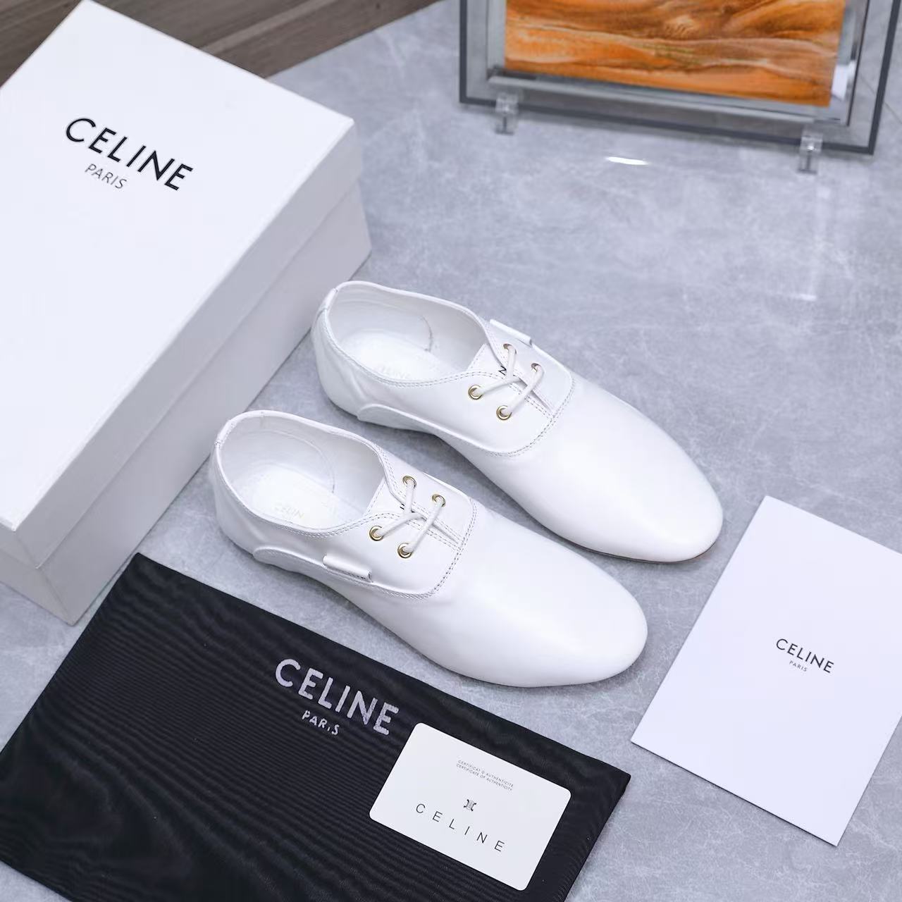 Celine 2026 Ballet Lace-Up Shoe Black and White Lambskin 628591