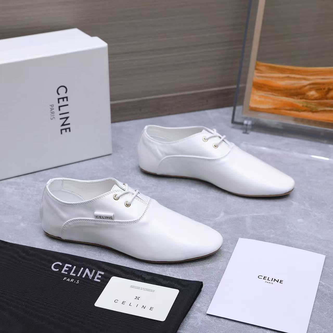 Celine 2026 Ballet Lace-Up Shoe Black and White Lambskin 628591