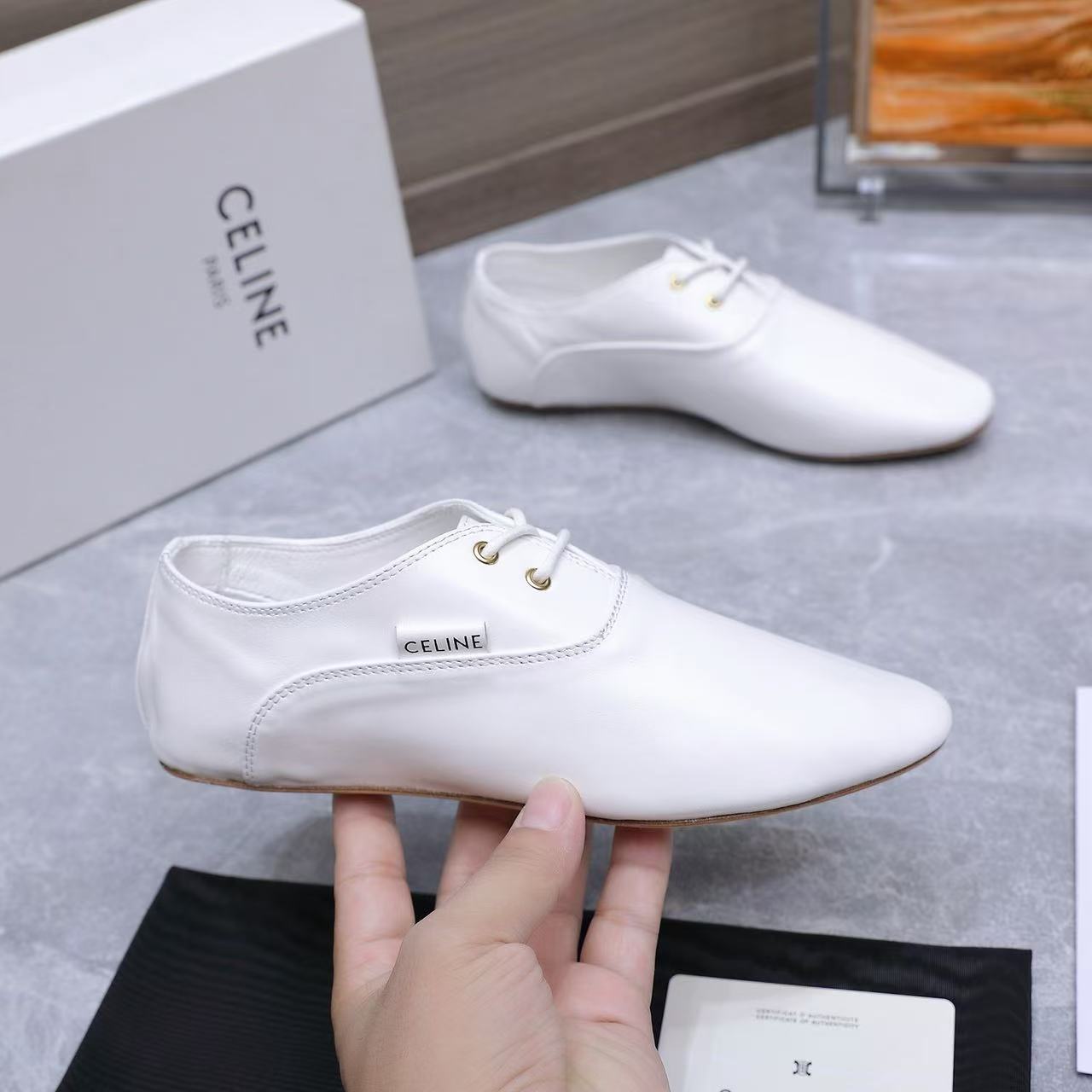Celine 2026 Ballet Lace-Up Shoe Black and White Lambskin 628591