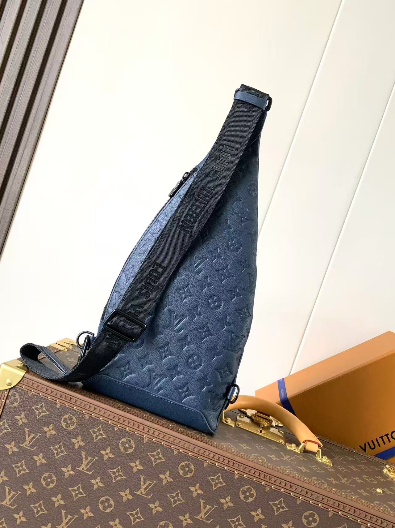 Louis Vuitton 2026 Duo Slingbag Navy Blue Monogram Shadow Embossed Calf Leather