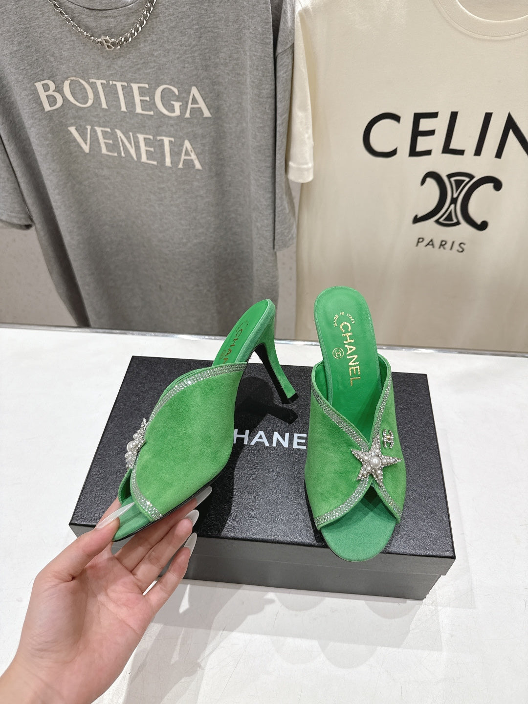 Channel 2026 High-Heeled Mules 90mm Strass Suede 896436