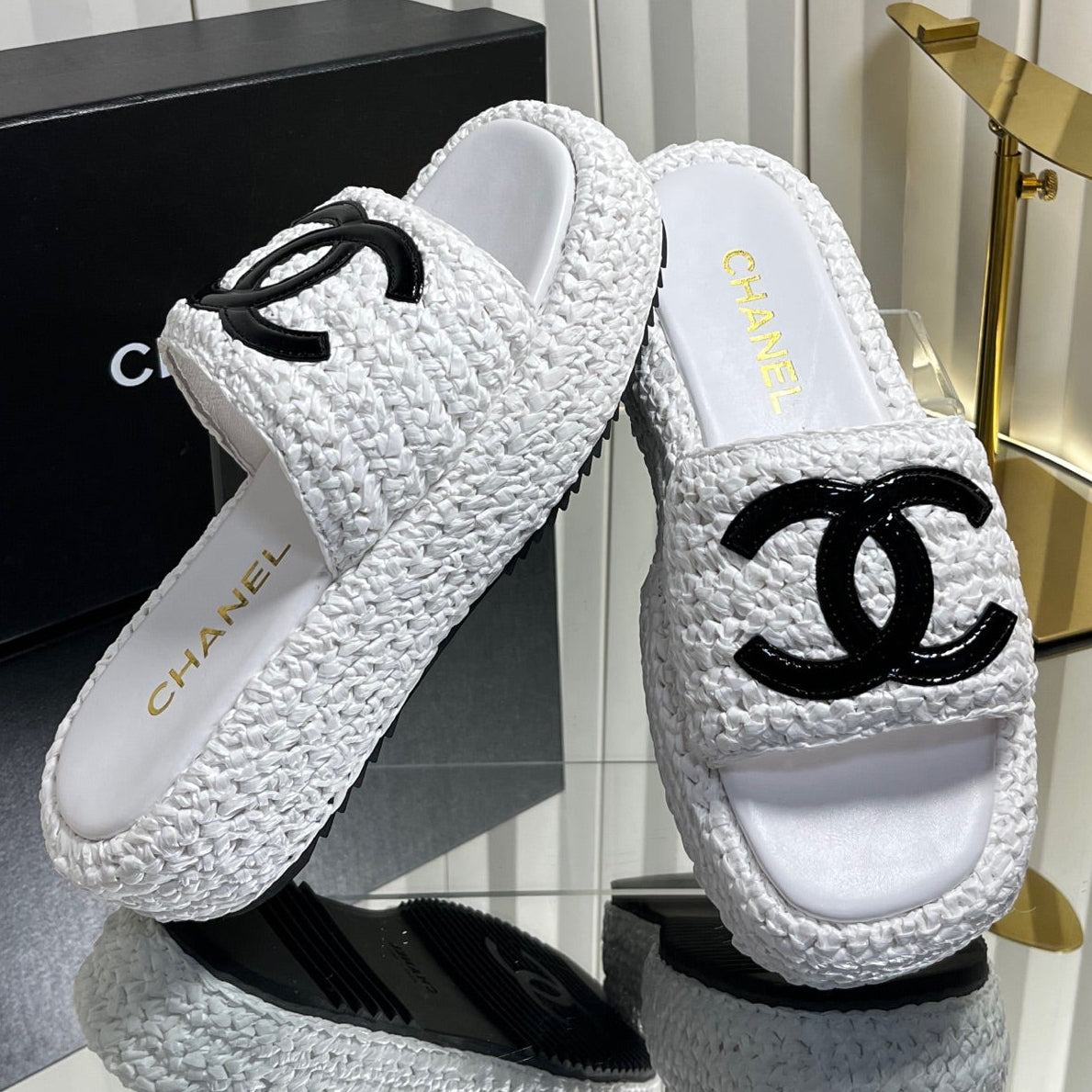 Chanel 2026 Crochet CC Platform Slide Sandals 40mm Raffia Leather