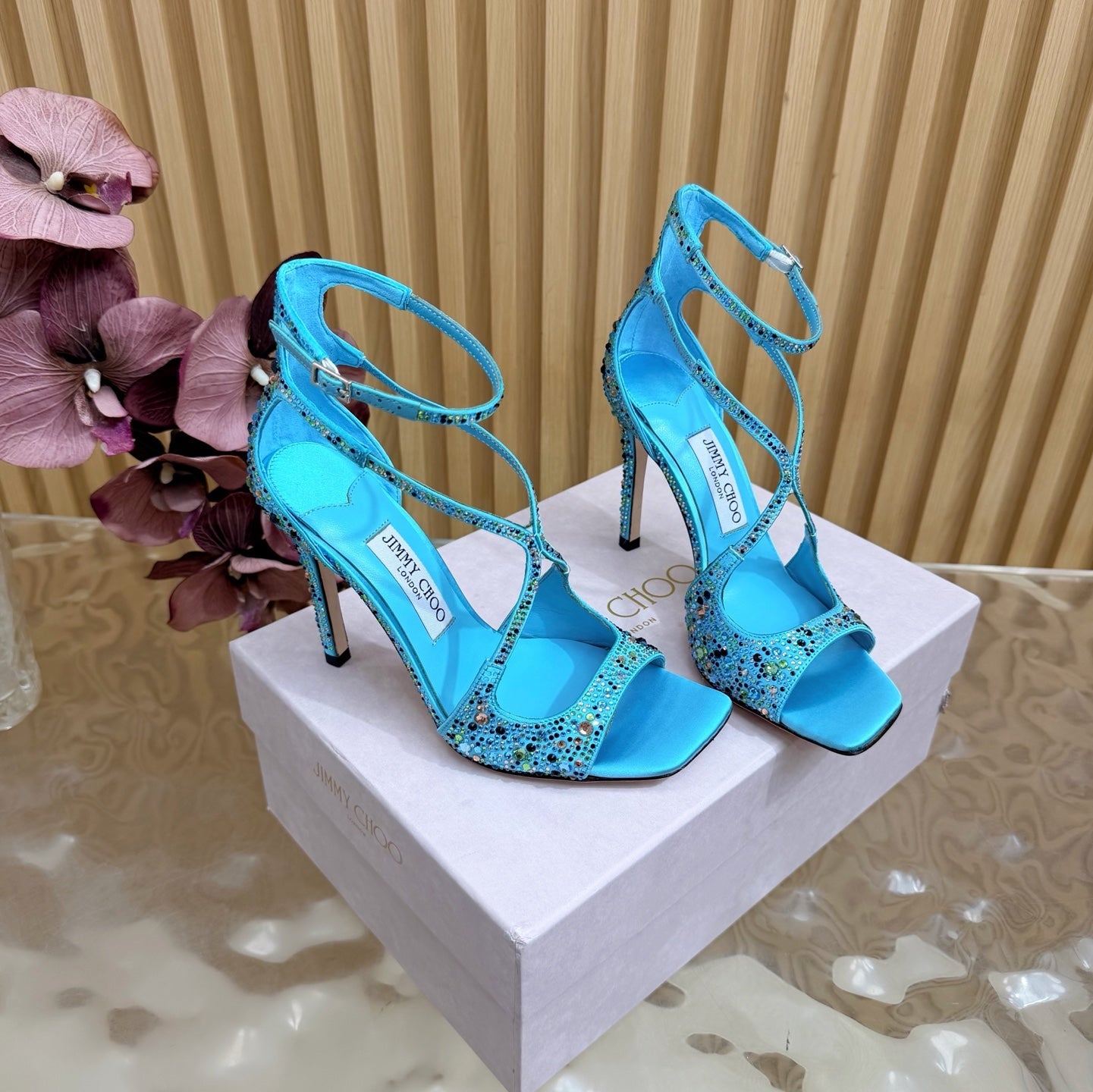 Jimmy Choo 2026 Azia Sandals 100mm Silk Satin With Rhinestones 949819