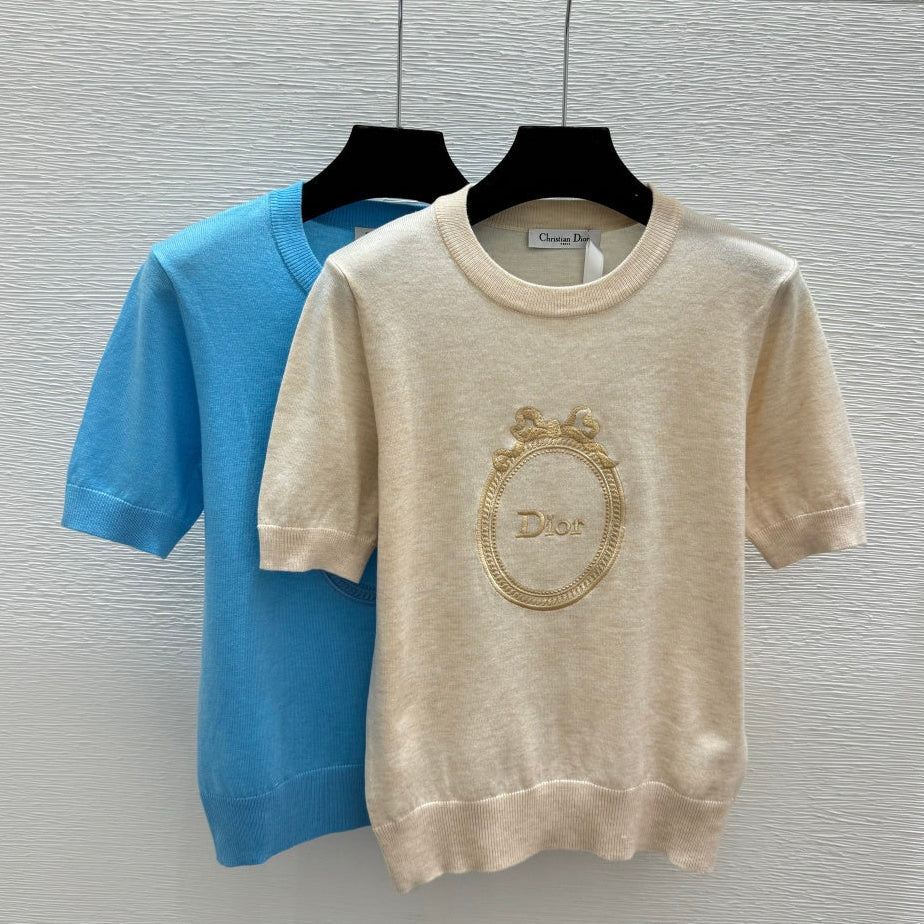Dior 2026 Embroidered Logo Short-Sleeve Knit Top Blue and Beige Wool 374945