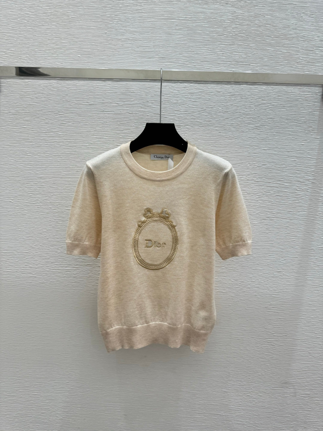 Dior 2026 Embroidered Logo Short-Sleeve Knit Top Blue and Beige Wool 374945