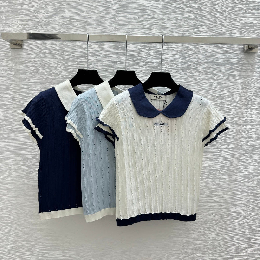 Miumiu 2026 Peter Pan Collar Openwork Knit Short-sleeved Top 220548