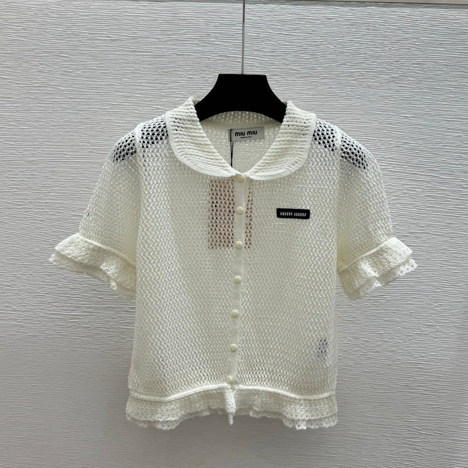 Miumiu 2026 Hollow-Out Collar Knitted Short-Sleeve Cardigan 341442