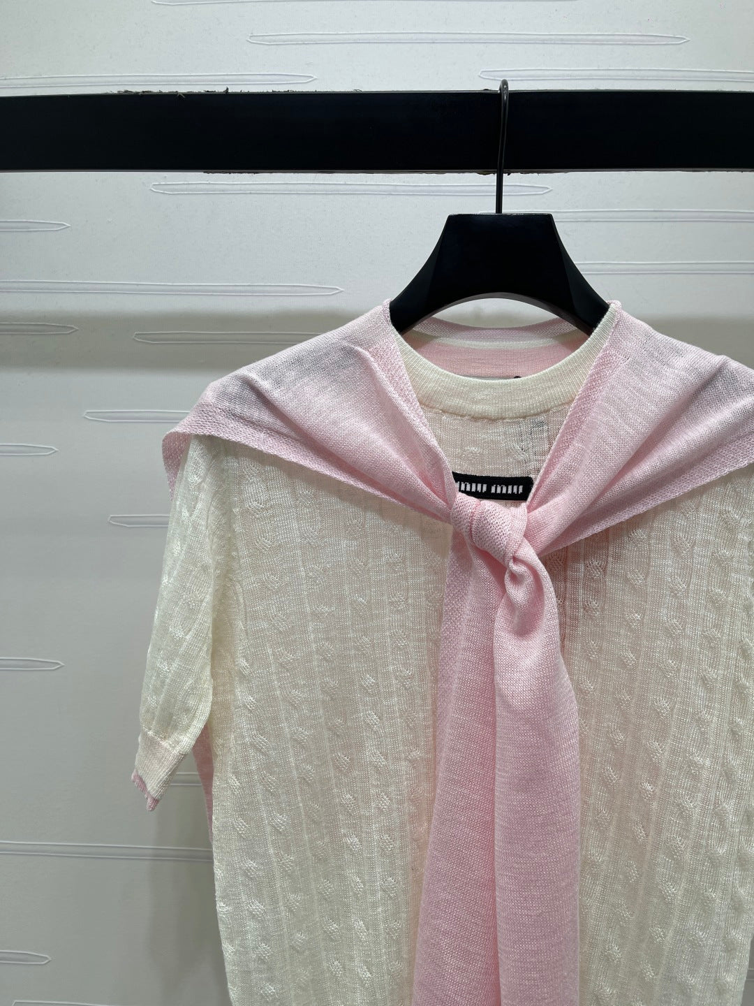 Miumiu 2026 Shawl Striped Knit Short Sleeve Tencel 397433