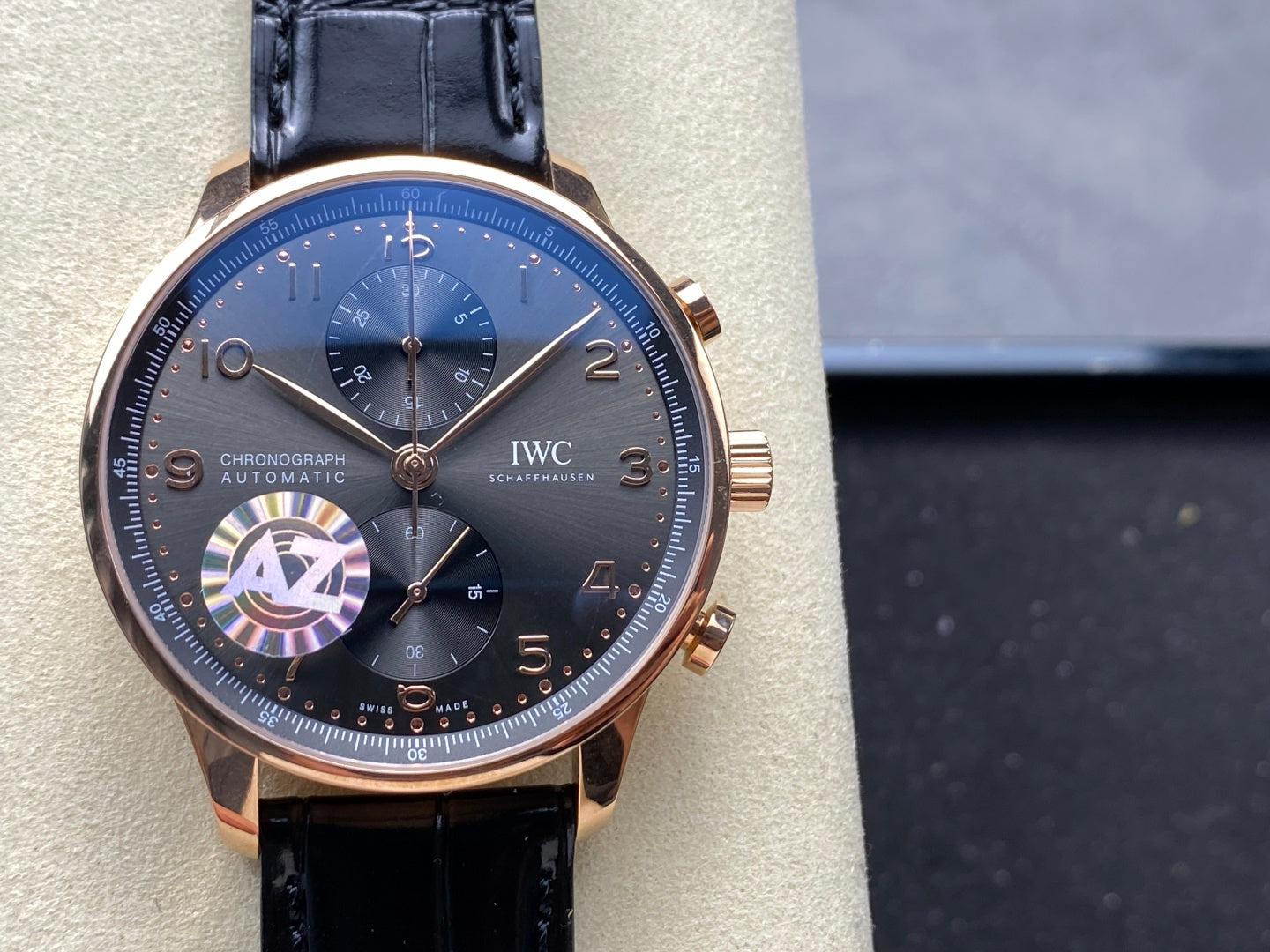 IWC Portuguese 41mm Dark Gray Dial Pink Gold Case Crocodile Leather Strap
