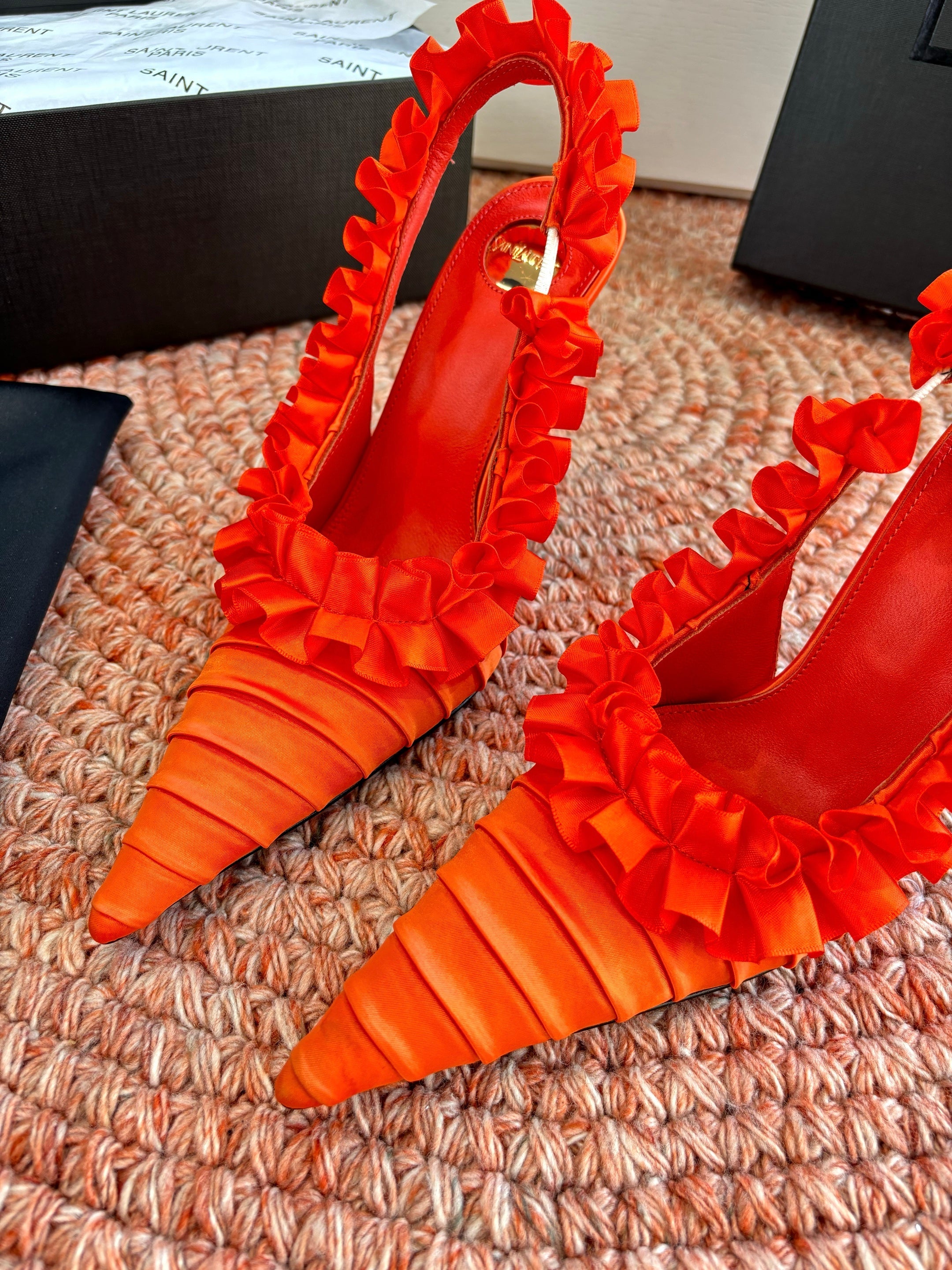 YSL 26ss Slingback Orange Silk Leather 648837
