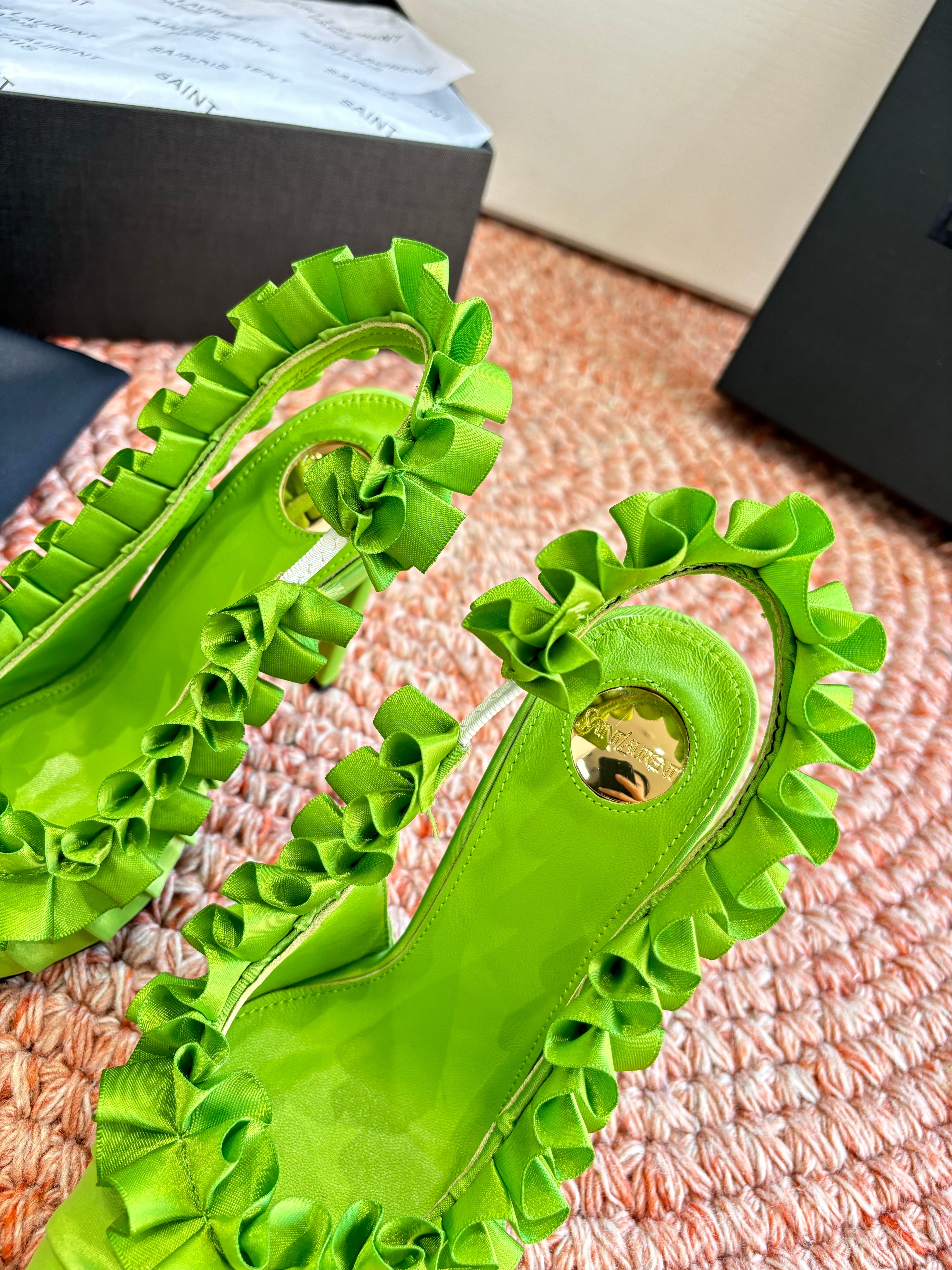 YSL 26ss Slingback Green Silk Leather 648838