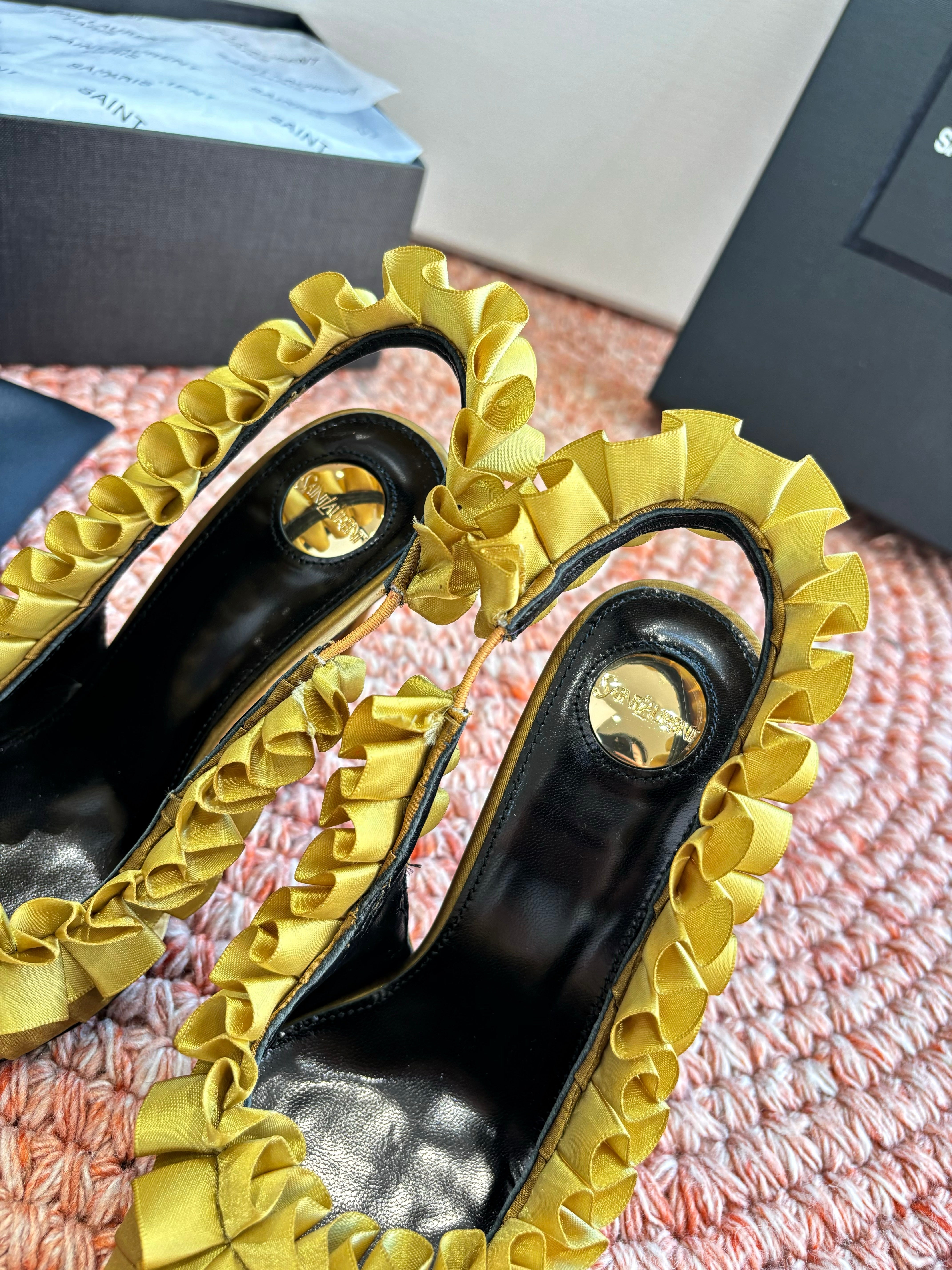 YSL 26ss Slingback Shiny Gold  Silk Leather 648839