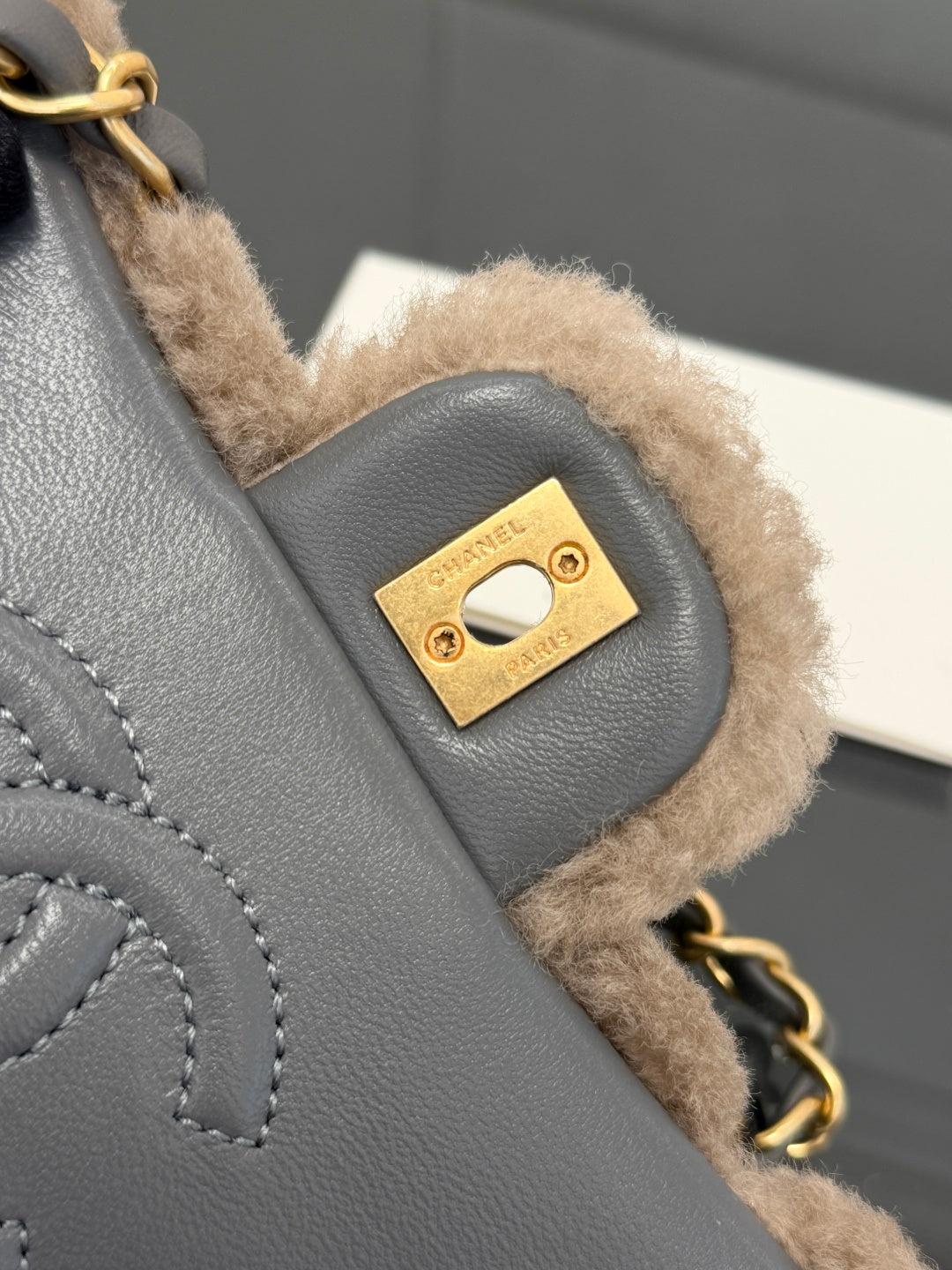 Chane 2026 Flap Bag Grey Beige Shearling Leather