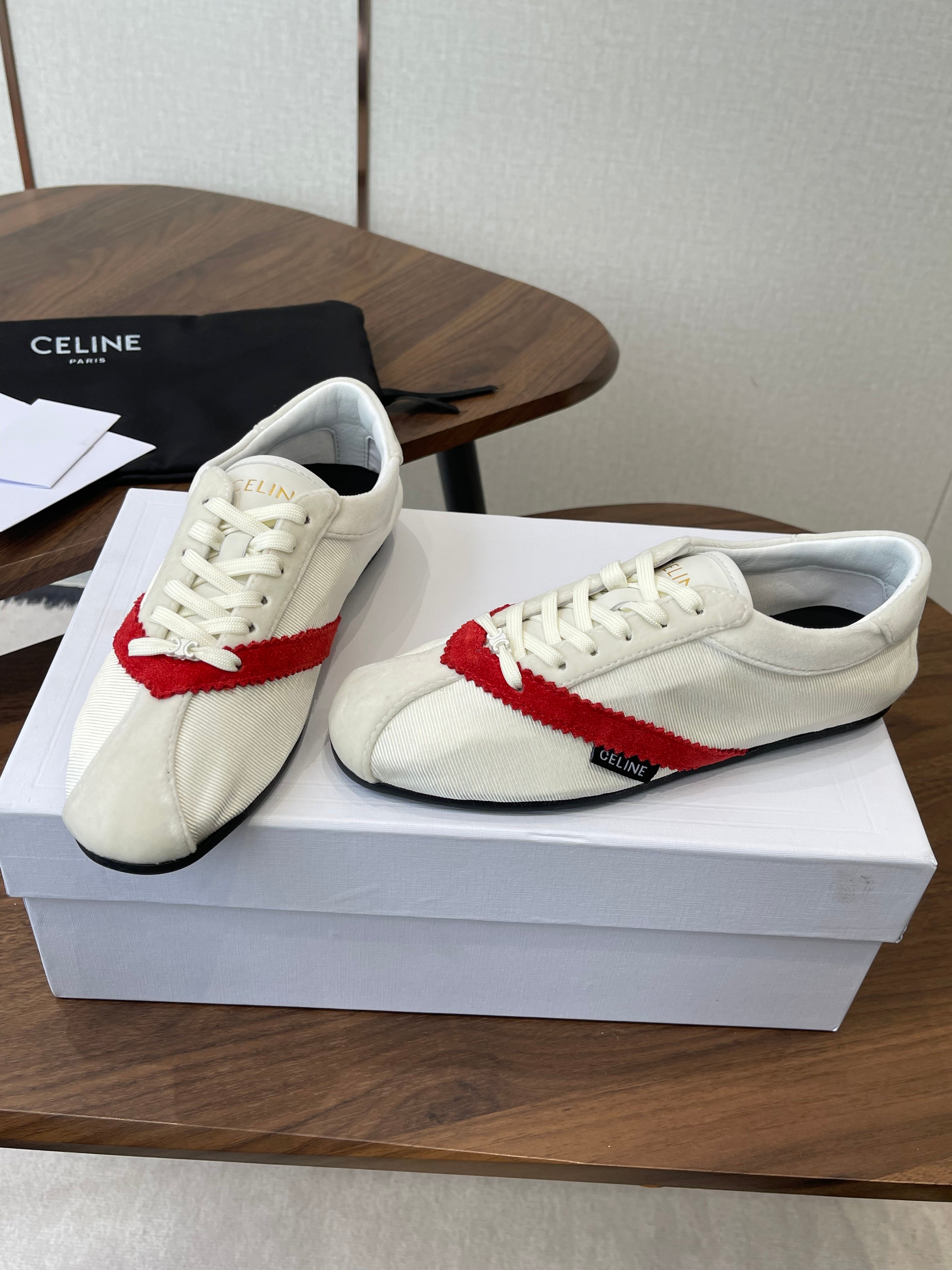 Celine 26 Flat Sneaker White Red Canvas Suede 624716