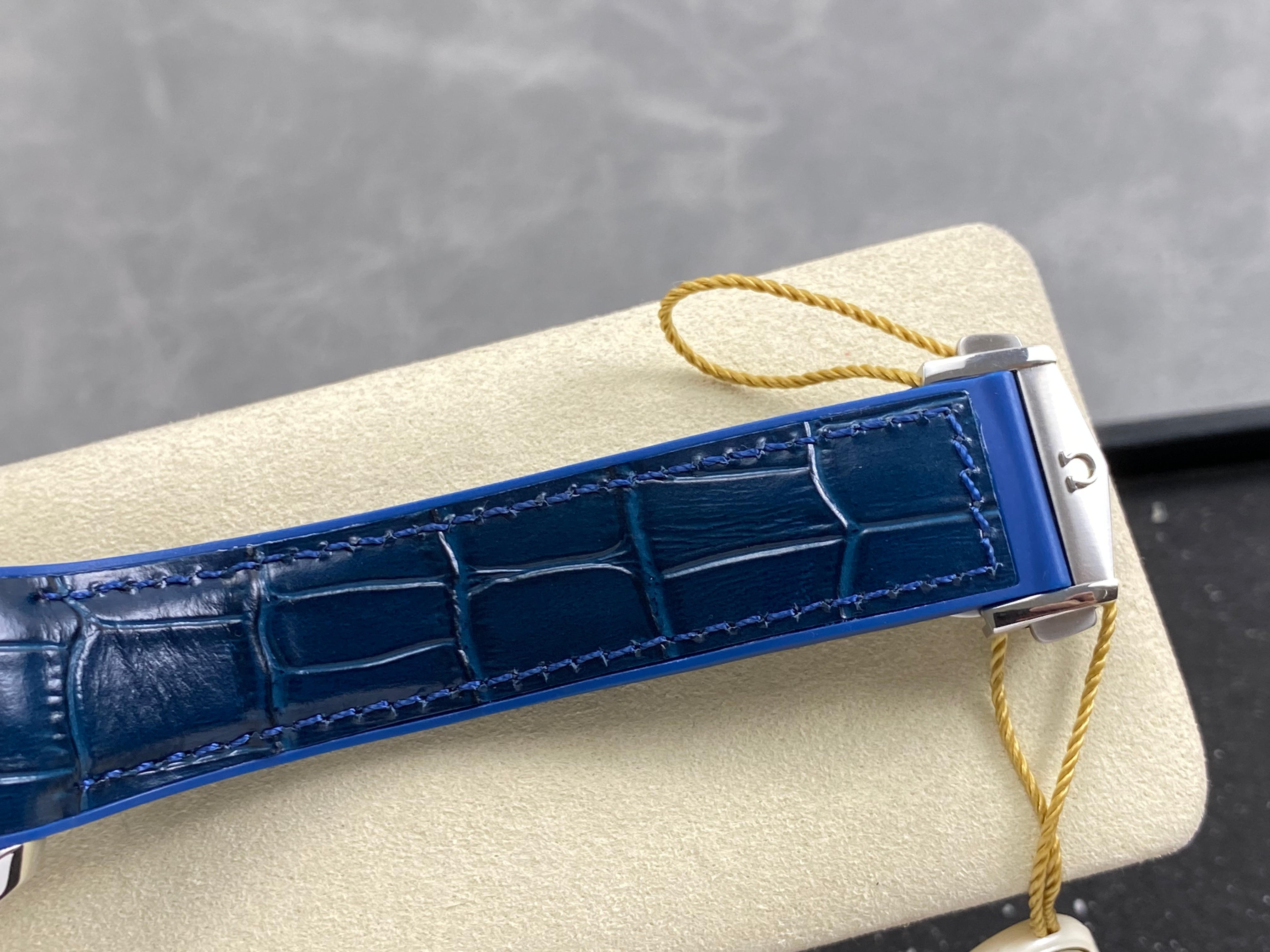 Omega Seamaster 46mm Blue Dial Pink Gold Case Blue Crocodile Leather