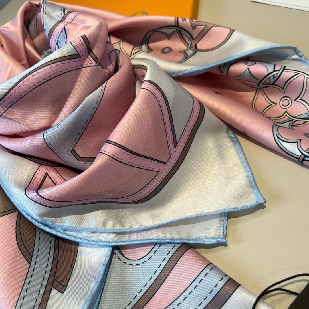 LV Double Sided Scarf 90 Light Pink Blue Monogram Mulberry Silk 156049