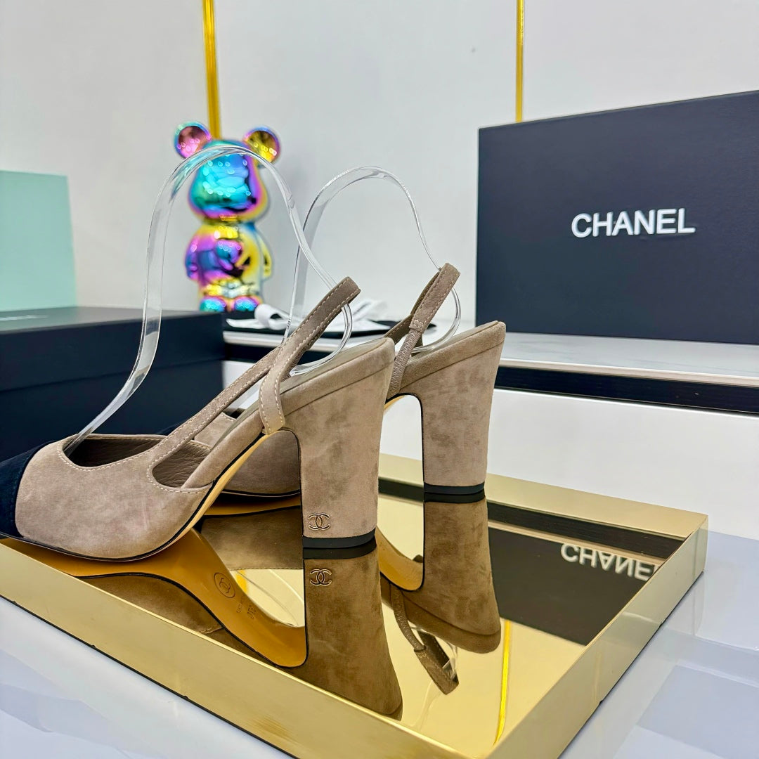Chanel Slingback 90mm Neutral Beige Black Suede 469673