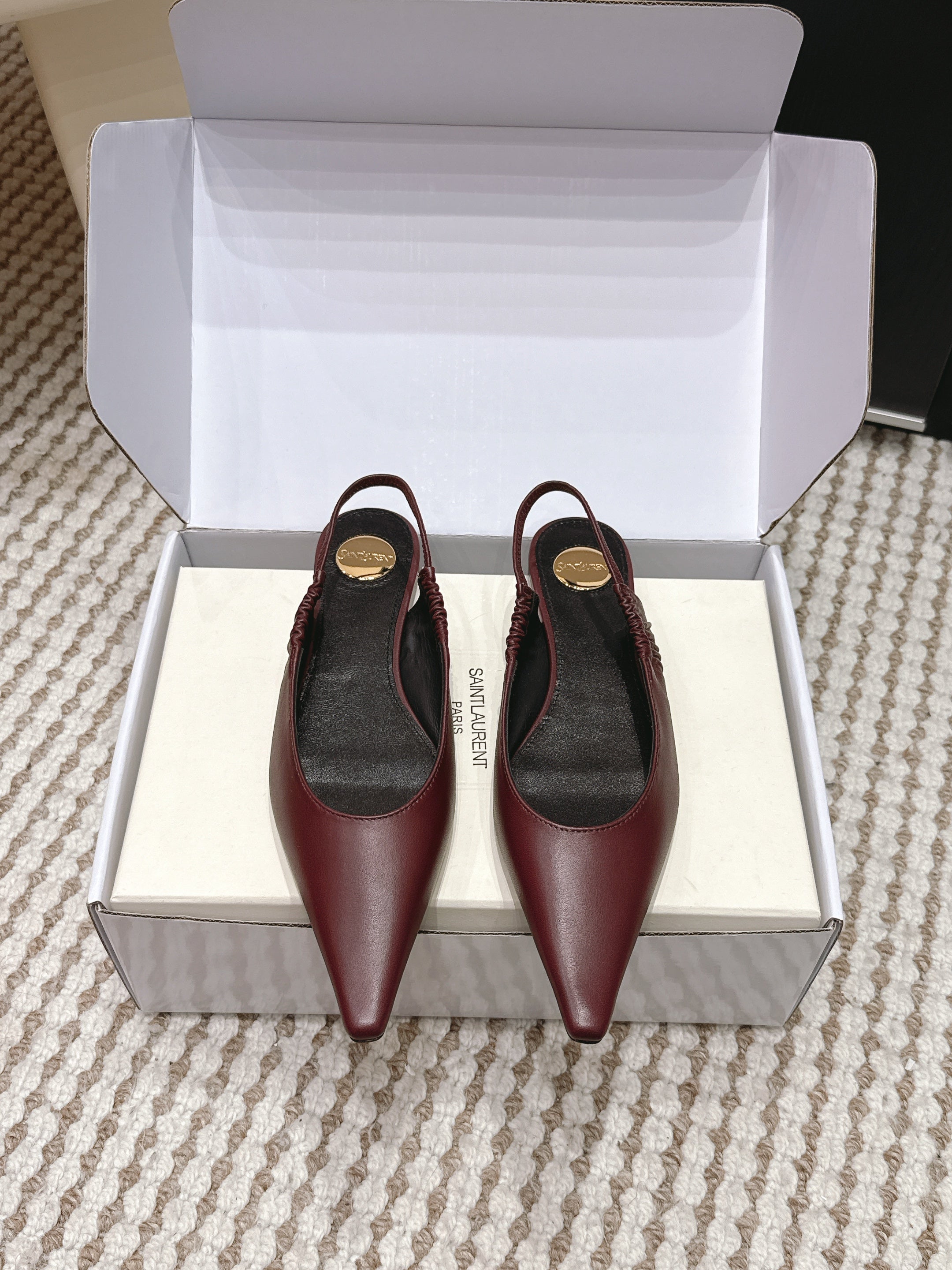 YSL 26ss Flat Slingback Burgundy Sheepskin 654714